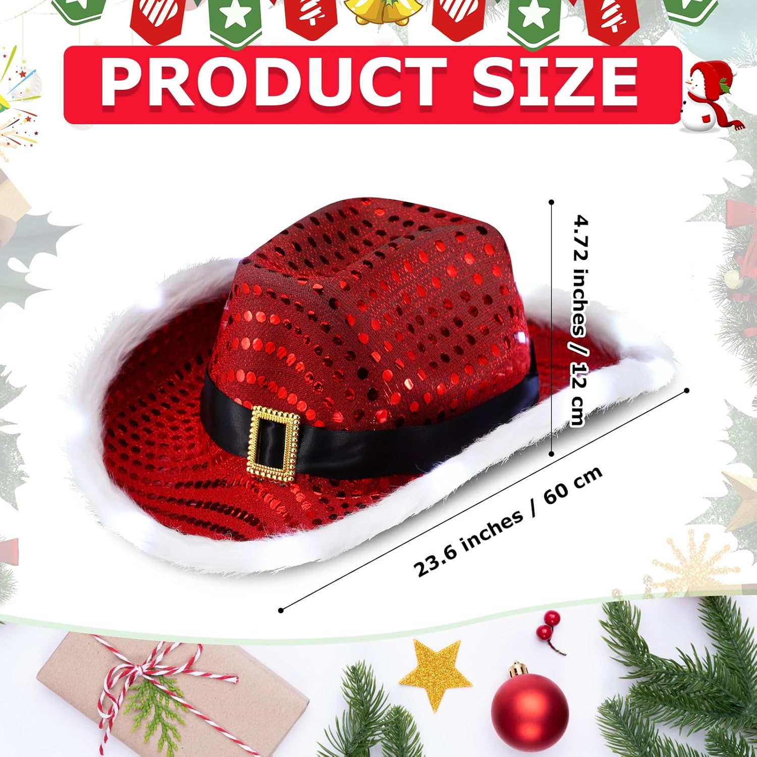Chuarry 6 Pieces Light Up Santa Claus Cowboy Hats Set, LED Christmas Cowgirl Hat, Red and White Cowboy Hats - Image 2