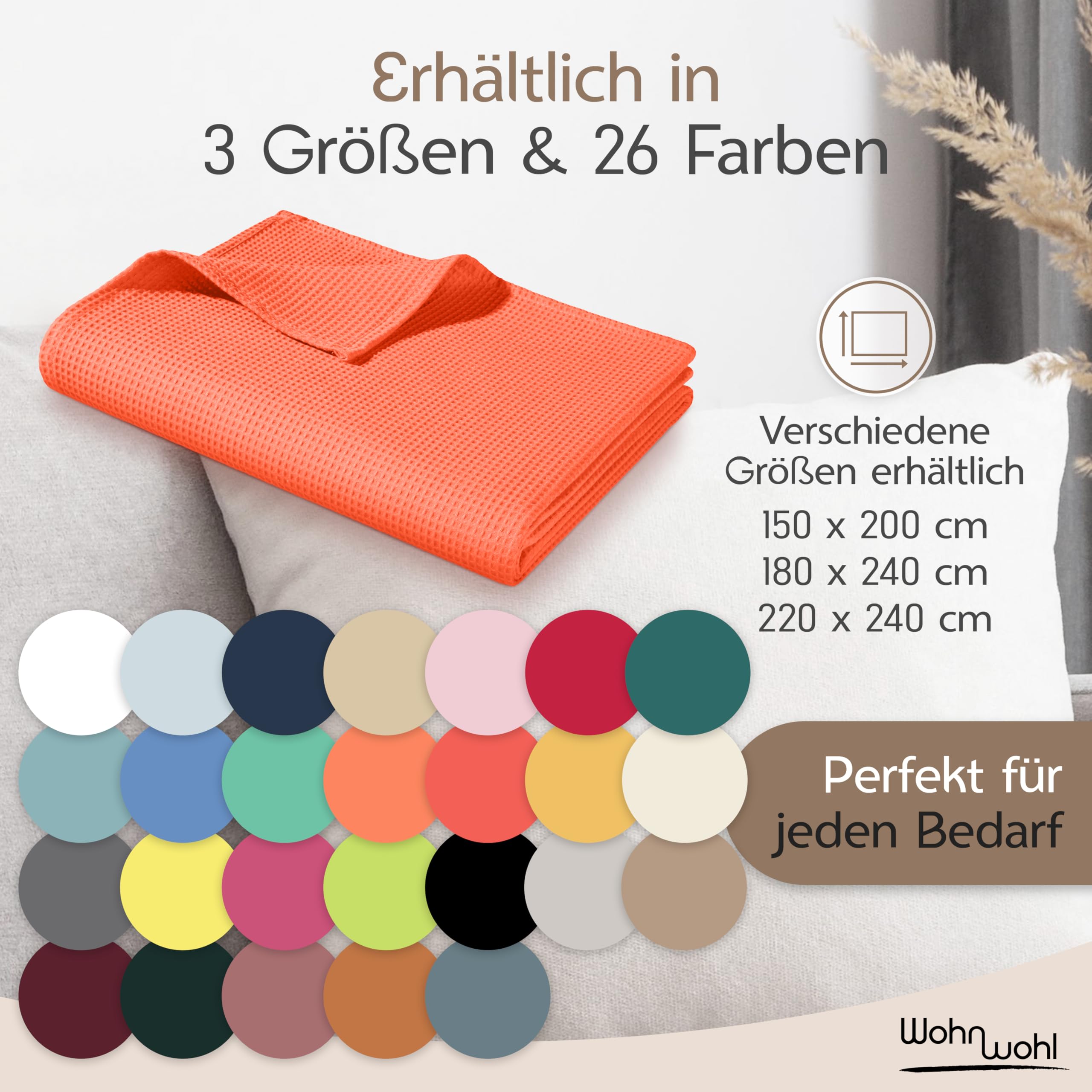 Tagesdecke 150x200cm 100% Baumwolle Waffelpique Sommerdecke Koralle