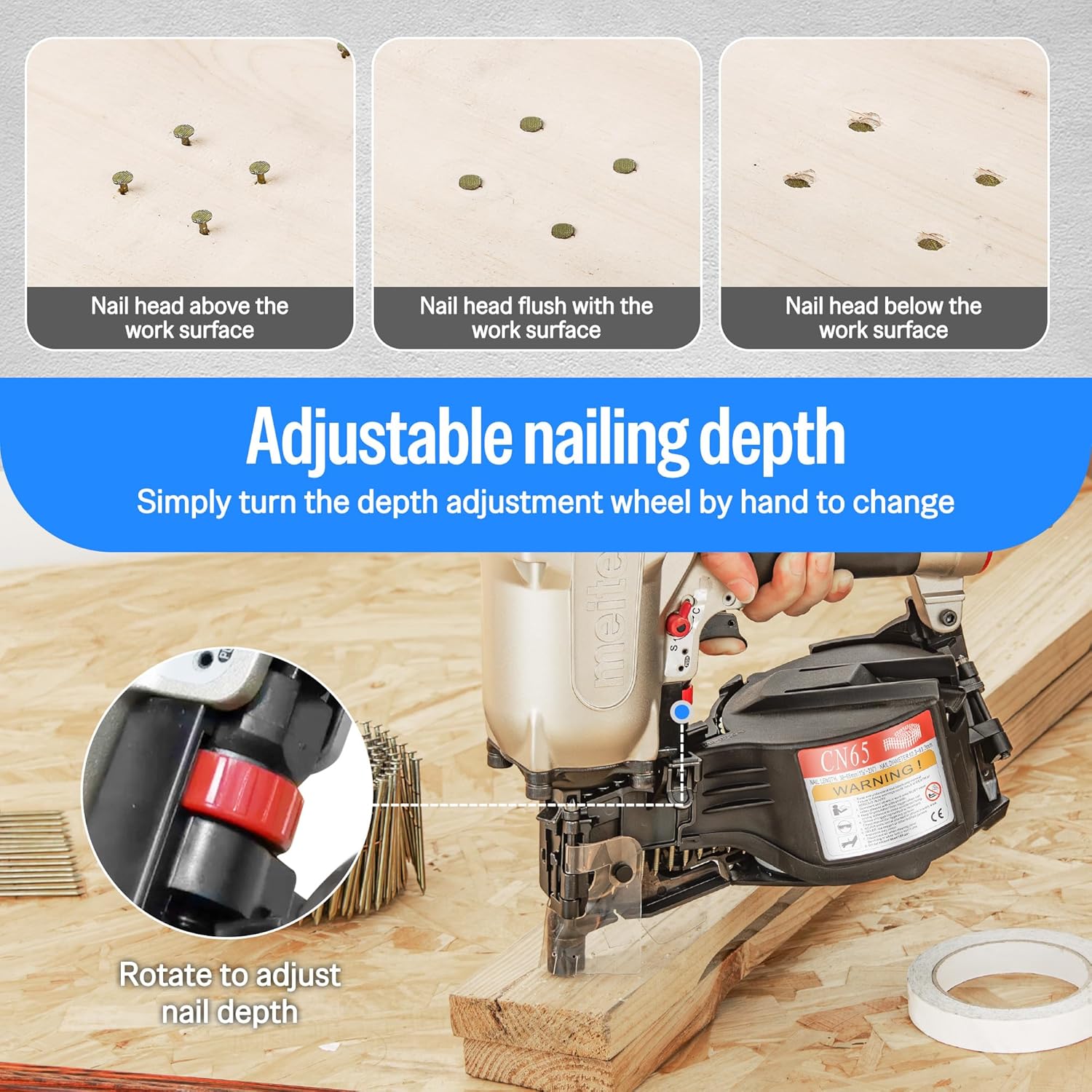 meite CN65 Coil Nailer Pneumatic Nail Gun 15 degree 1-1/2" to 2-1/2" Coil Nails, Heavy Duty Air Coil Nailer with Coil Nail Magazine 300PCS for Hardwood Projects Pallets Framing Sheathing