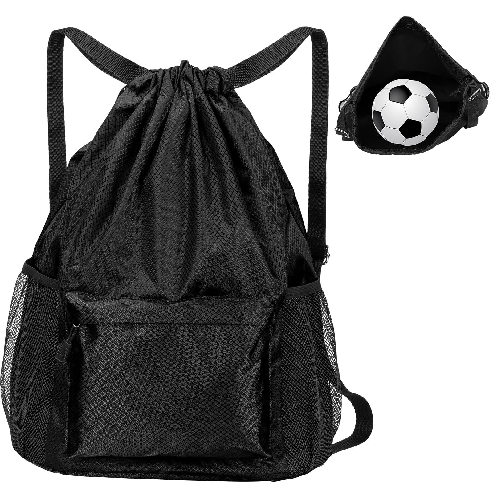 Runmeihe Drawstring Gym Bag for Kids & Adults, Large Waterproof Swimming PE Bags, Sports String Backpack, Oxford Fabric Football Bag for School Travel Climbing Hiking (Black, Large)