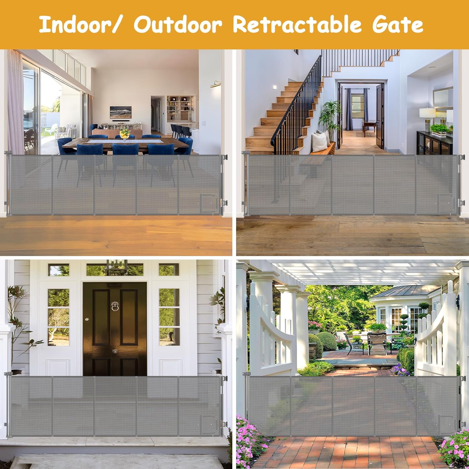 Reinforced 120 Inch Extra Large Retractable Dog Gate with Cat Door 10ft Extra Wide Baby Gates for Large Openings 33 Inch Tall Pet Gate Indoor with Reinforced Strips Long Baby Gates With Cat Door, Gray