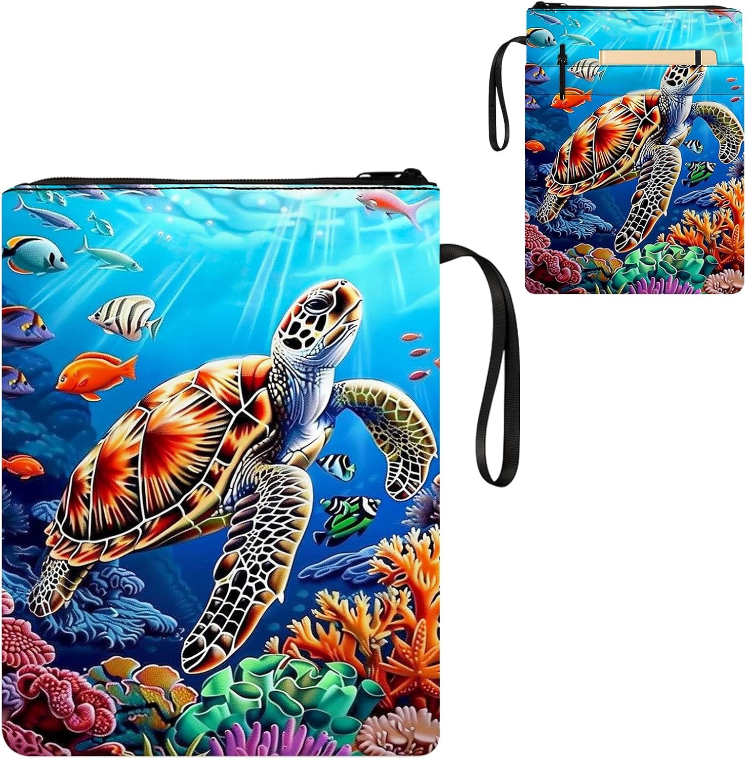 Water-Resistant Canvas Book Sleeve with Zipper & Front Pocket, Sea Turtle Swimming 800D Heavy Duty Book Protector for Hardcovers, Portable Pouch with Handle