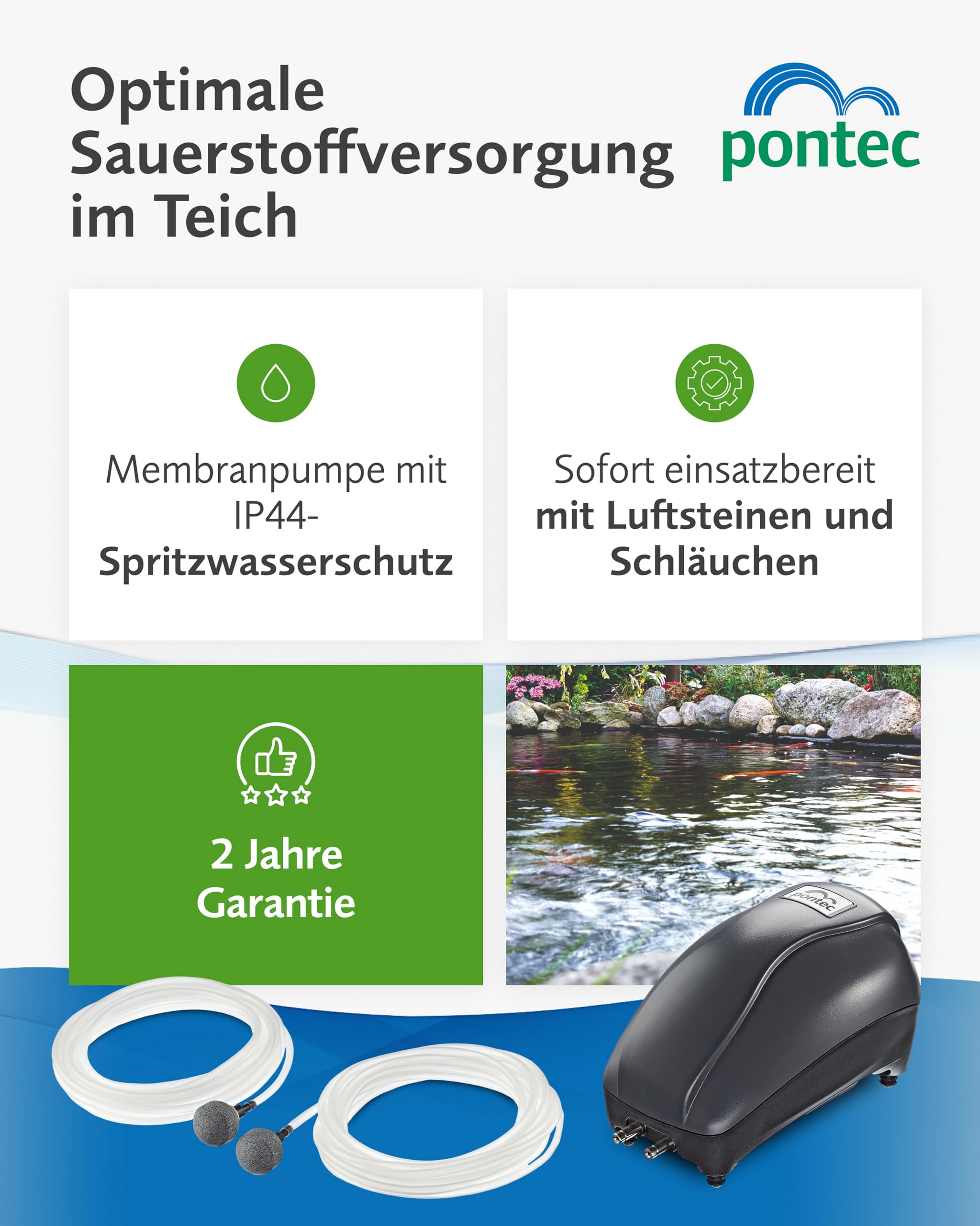 Pontec PondoAir Set 200 - Luftpumpen-Set zur Sauerstoffversorgung von Flora und Fauna / Teichbelüfter für den Einsatz an Teichen bis 2.000 l, Schwarz