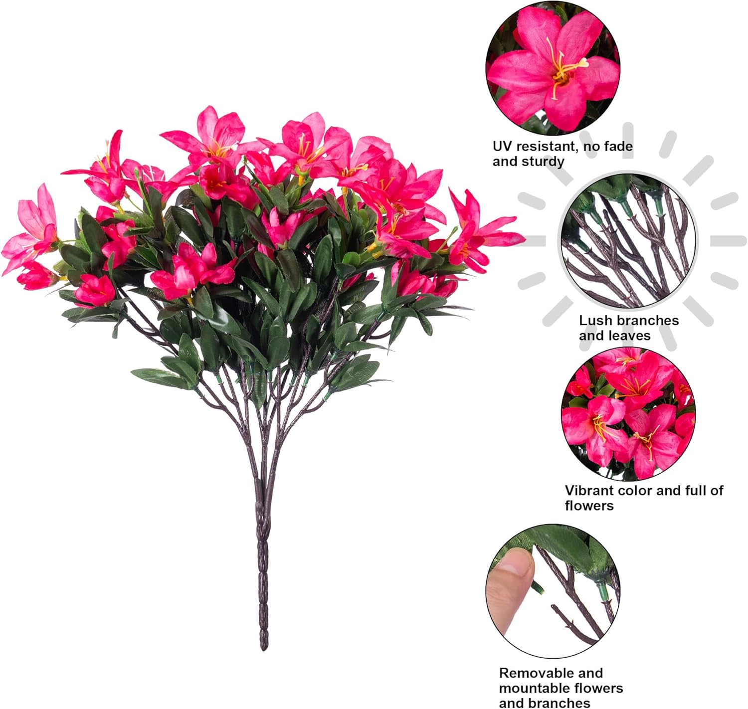 INSPRING Artificial Flowers for Outdoors Outside Decoration, 3 Bundles Spring Fake Silk Azalea Plants UV Resistant Realistic Faux Flowers for Outdoor Planter Front Door Patio Garden Home, Hotpink - Image 7