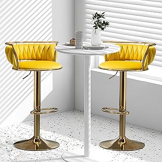 Lumibee 360° Velvet Swivel Bar Stools,2 Set Modern Adjustable Counter Height Bar Chairs,Yellow Barstools with Low Back & Footrest for Kitchen Island, Bar Pub