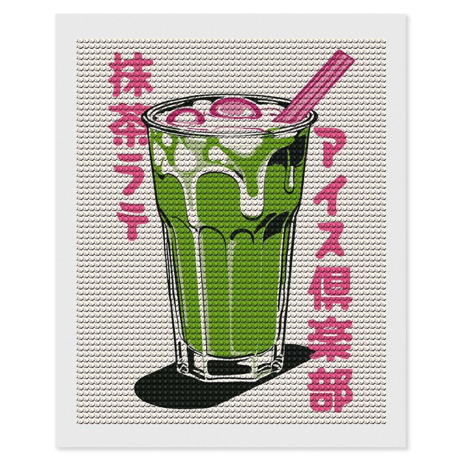 Junmoney Matcha Latte Illustration Diamond Painting Canvas Kit 16"x20", Round Gems, Living Room Decor, Seasonal Gift Choice, Modern Decor