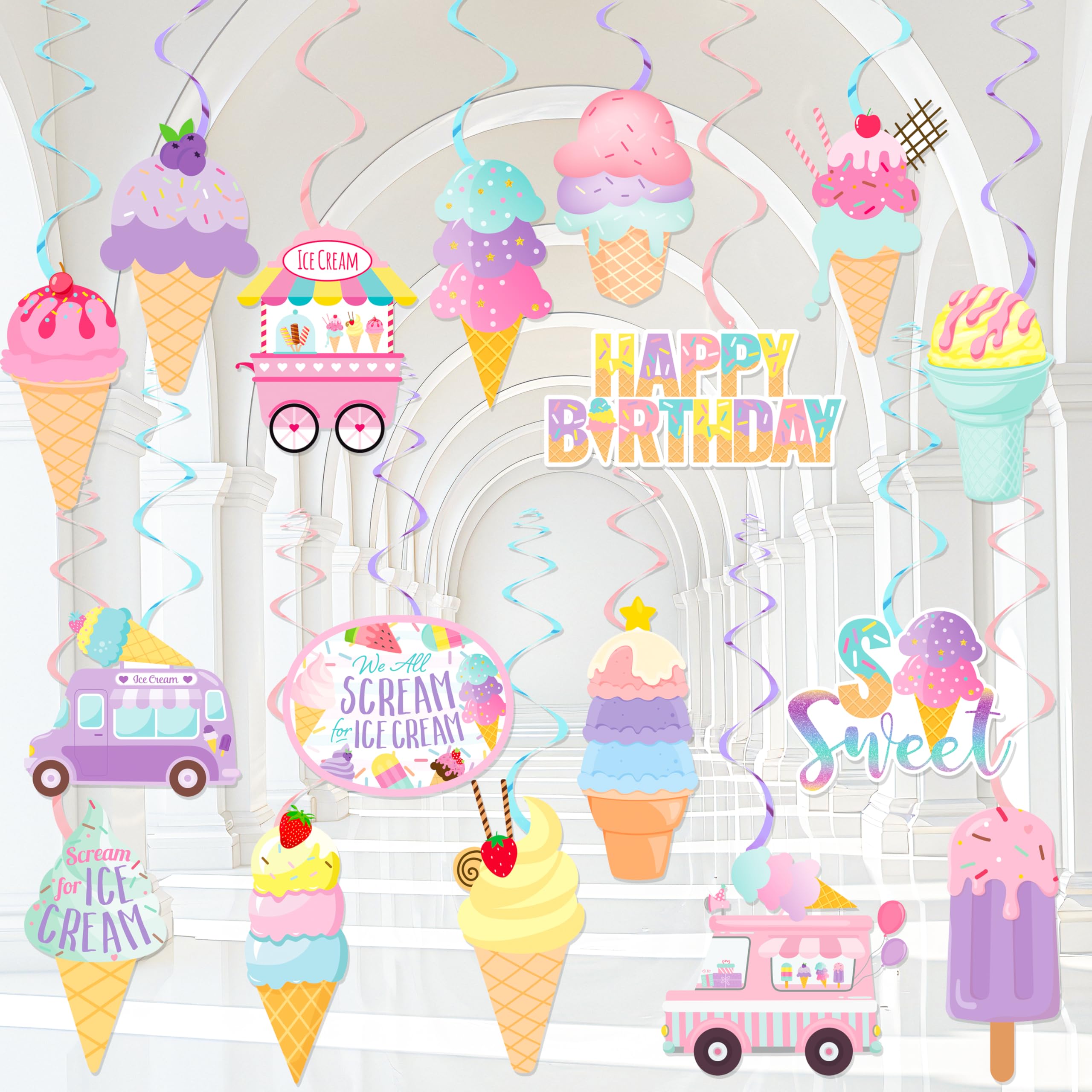 20 PCS Ice Cream Party Hanging Swirls Decorations for Summer Baby