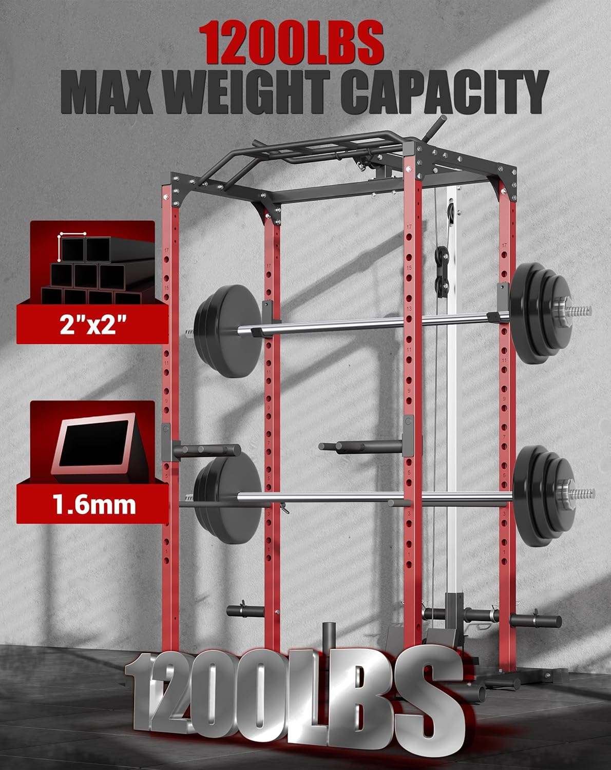 Power Cage, 1200LBS Capacity Squat Rack with Pulley System, Multifunctional Power Rack for Home Gym with Attachments, Heavy Duty Squat Stand for Home Gym, Garage & Apartment Fitness