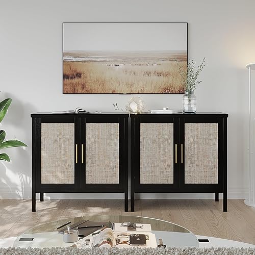 Miniatura 4 de VOWNER Gabinete de almacenamiento de ratán, aparador de buffet con puertas decoradas de ratán, armario para pasillo, entrada, sala de estar, 31.5