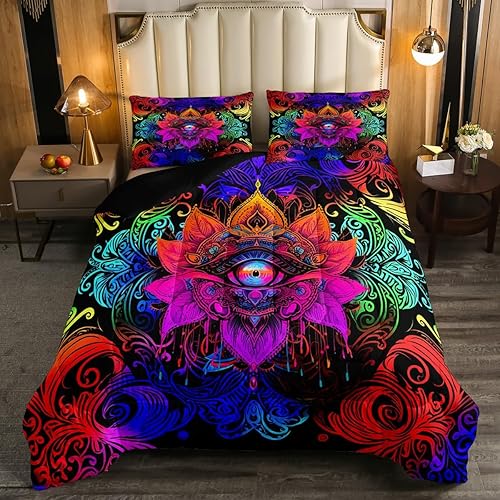 Erosebridal Juego de edredón de flor de loto bohemio, juego de ropa de cama Queen con mandala neón, oriental Fátima Hamsa, juego de edredón bohemio