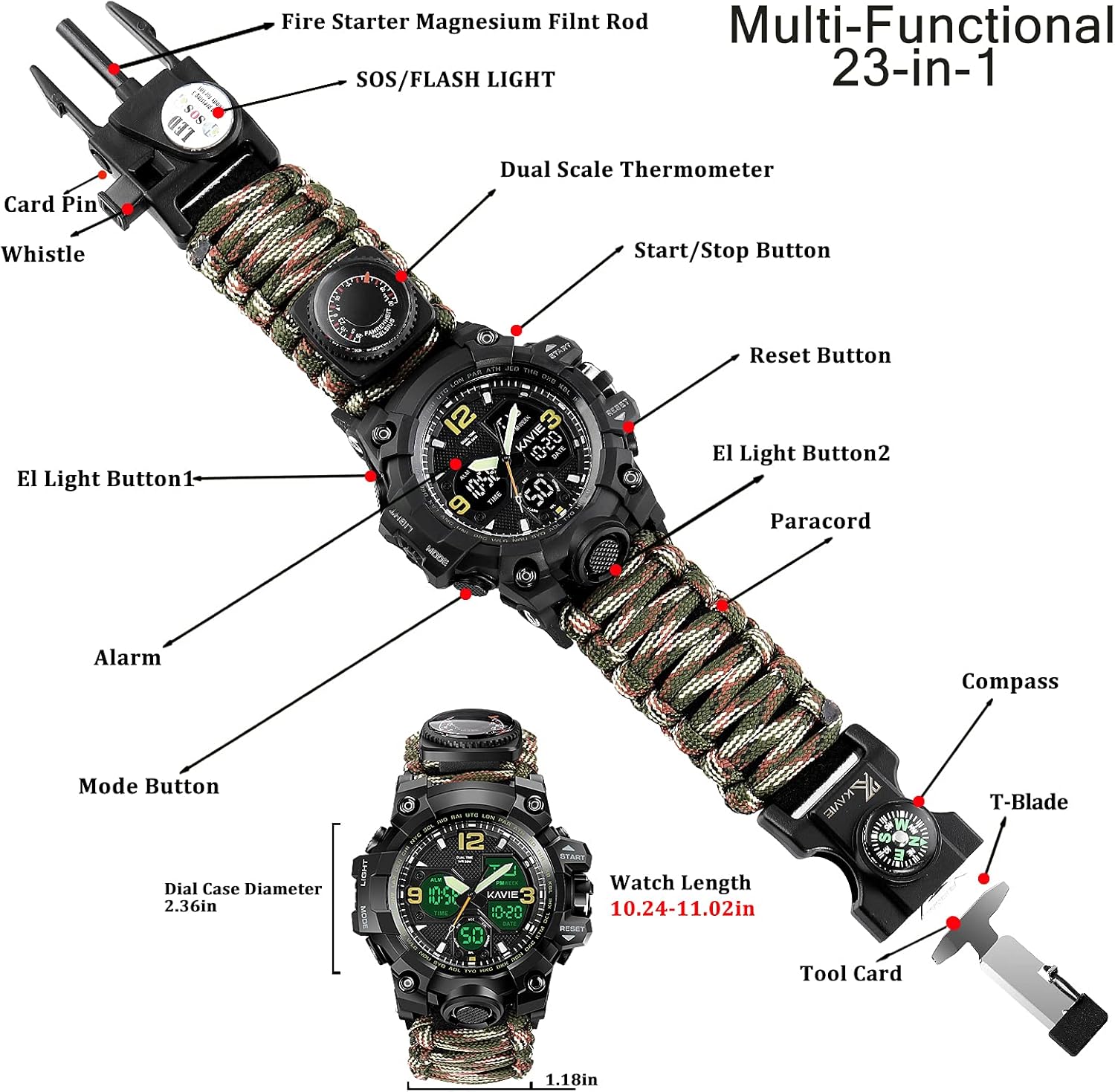 Miniatura 3 de Reloj digital táctico militar para hombre supervivencia 23 en 1 multifuncional militar impermeable camuflaje deportivo doble pantalla analógico LED