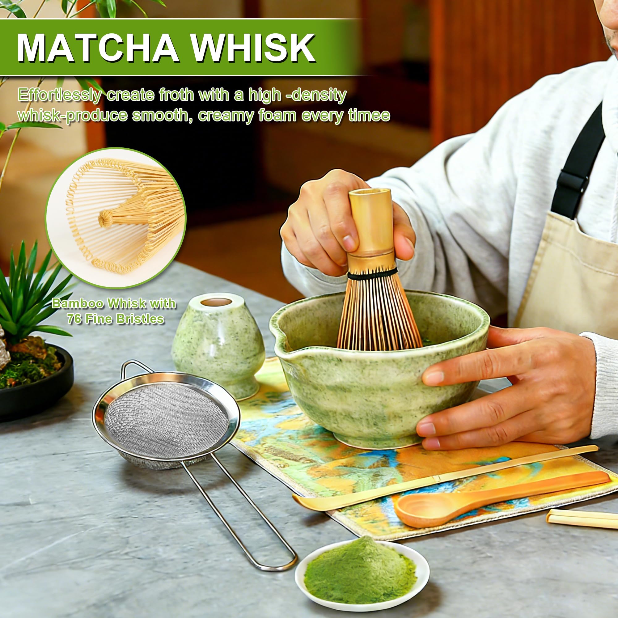 Matcha Set,7 Piece Matcha Besen Set, Matcha Tea Set Matcha Besen, Matcha Schale mit Ausgießer (Chawan), Sieb, Schaufel, Tea Set,Teetuchunterlage,für Teeliebhaber und Teezeremonie-Anfänger