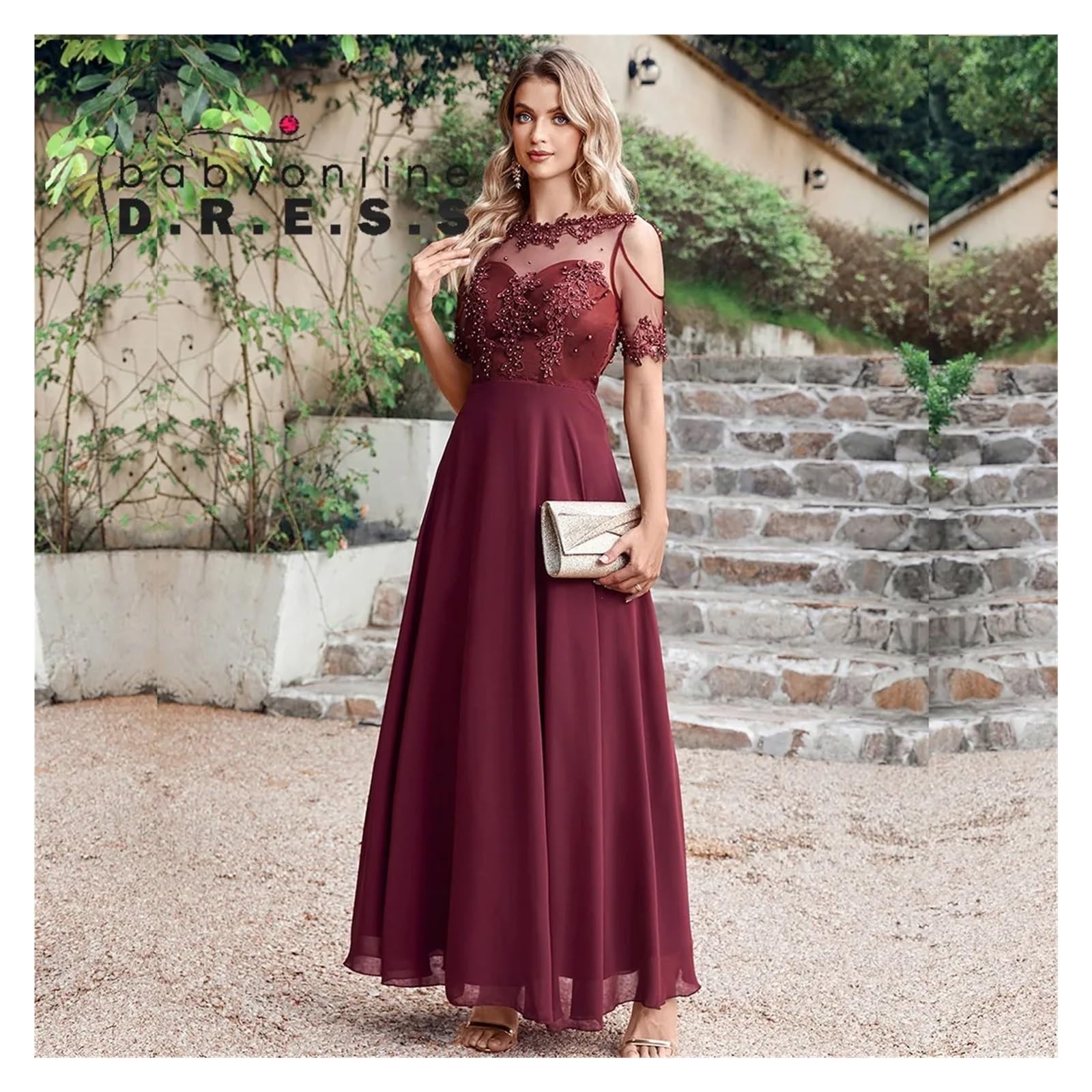 Vestido Dama de Honor Vestido de Dama Honor con Cuentas Perlas, ilusión Manga Corta, Bohemio, for Fiesta Boda, Vestidos Invitados Gasa, Corte A for Mujer para la Boda