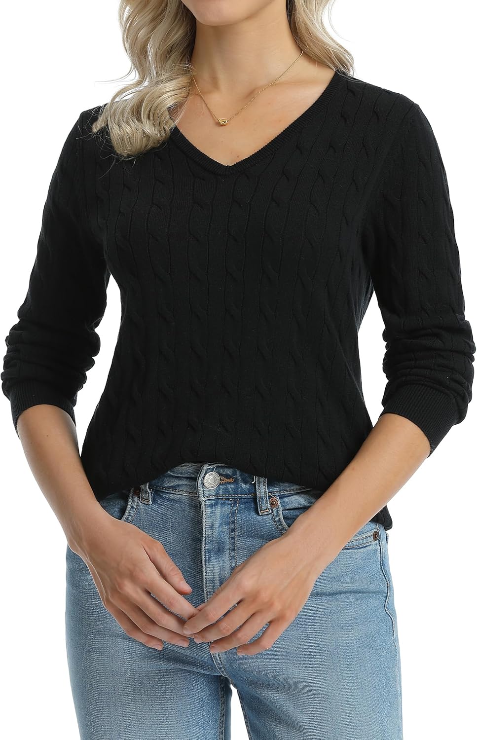 QUALFORT Womens 100% Cotton Cable Knit Sweater Lightweight Crewneck or V Neck 2026 - Image 2