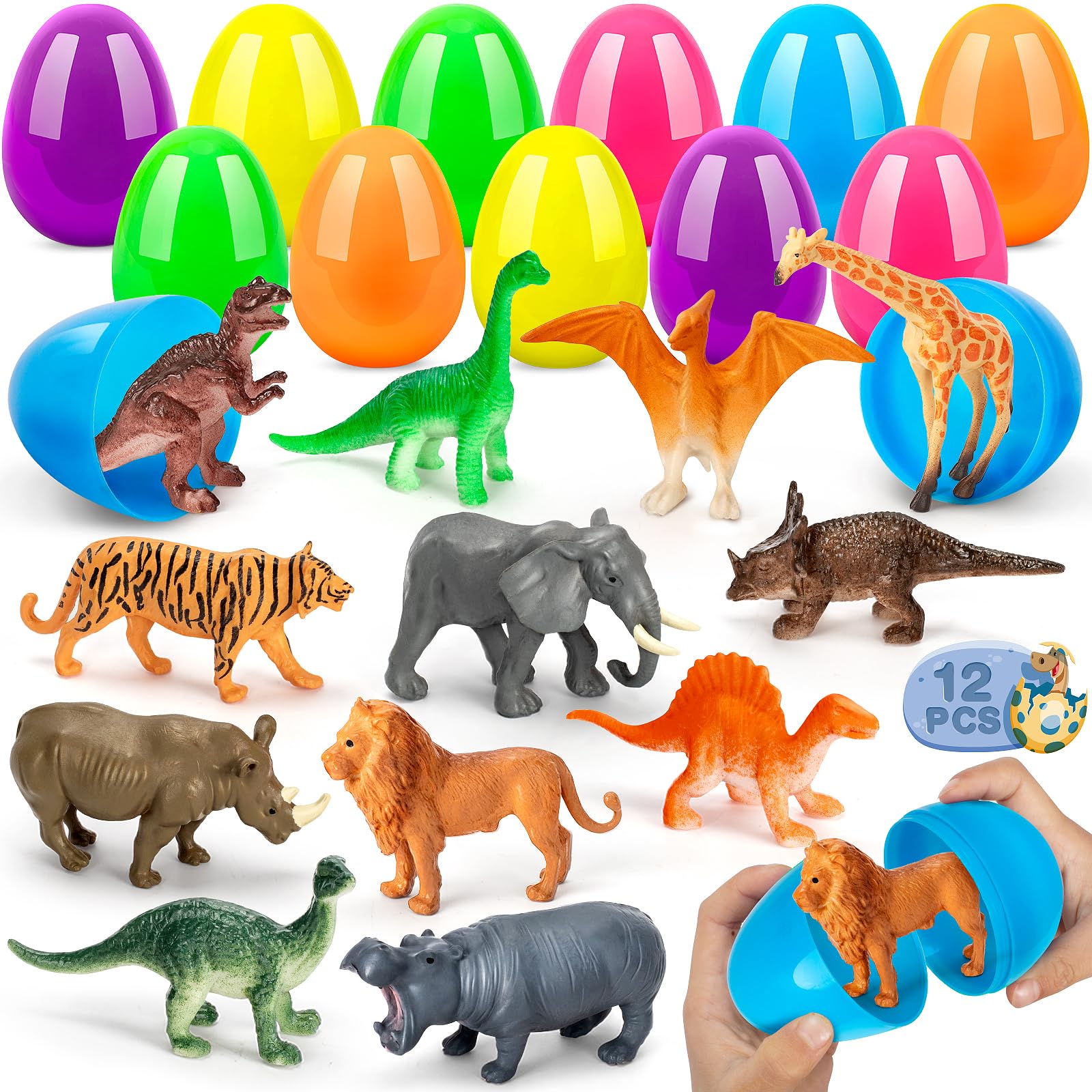 IJIGU 12 Pack Prefilled Easter Eggs with Dinosaur &amp; Animal Figures for Easter Egg Hunt, Easter Eggs Filled for Kids,Basket Stuffers Filler and Classroom Prize Supplies, Party Favors