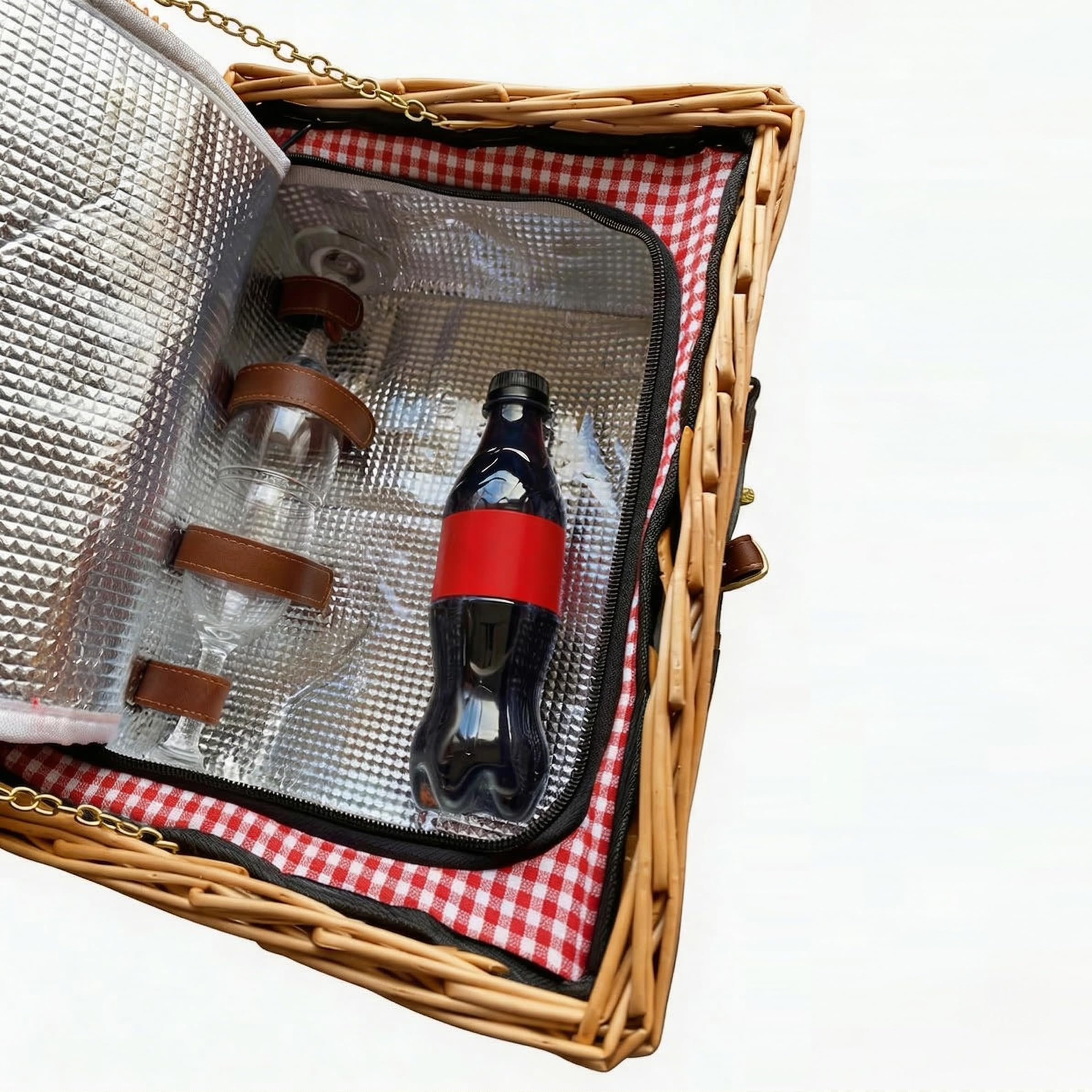 Picknickkorb für 2 Personen – Handgefertigtes Picknick Set aus Weide mit Kühlfach – Rot-Weiße Innenausstattung
