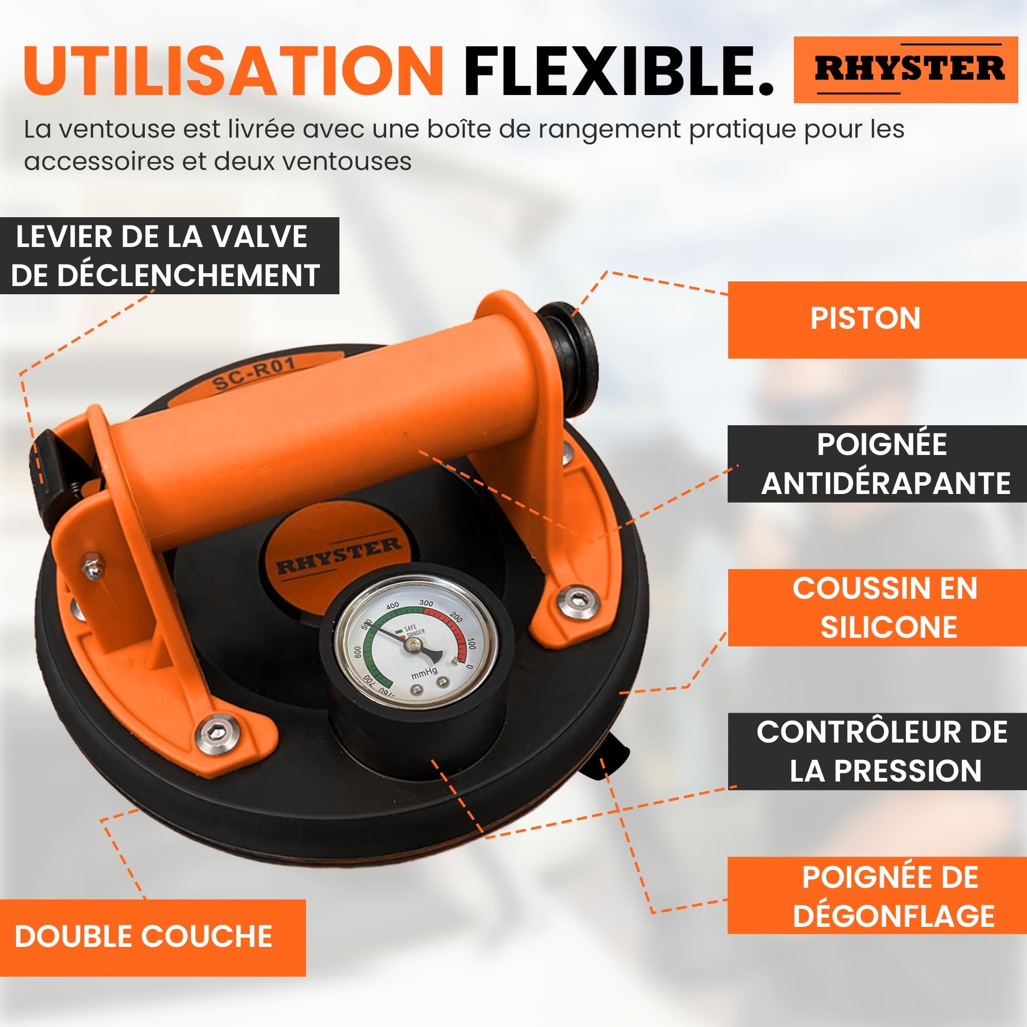 2x Ventouses Carrelage avec Manomètre et Jauge Sécurité - Diamètre 200mm - Supportent Jusqu'à 300KG - Idéal pour Carrelage, Vitres, Pare-brise, Meubles - Kit de Remplacement de Valve Inclus