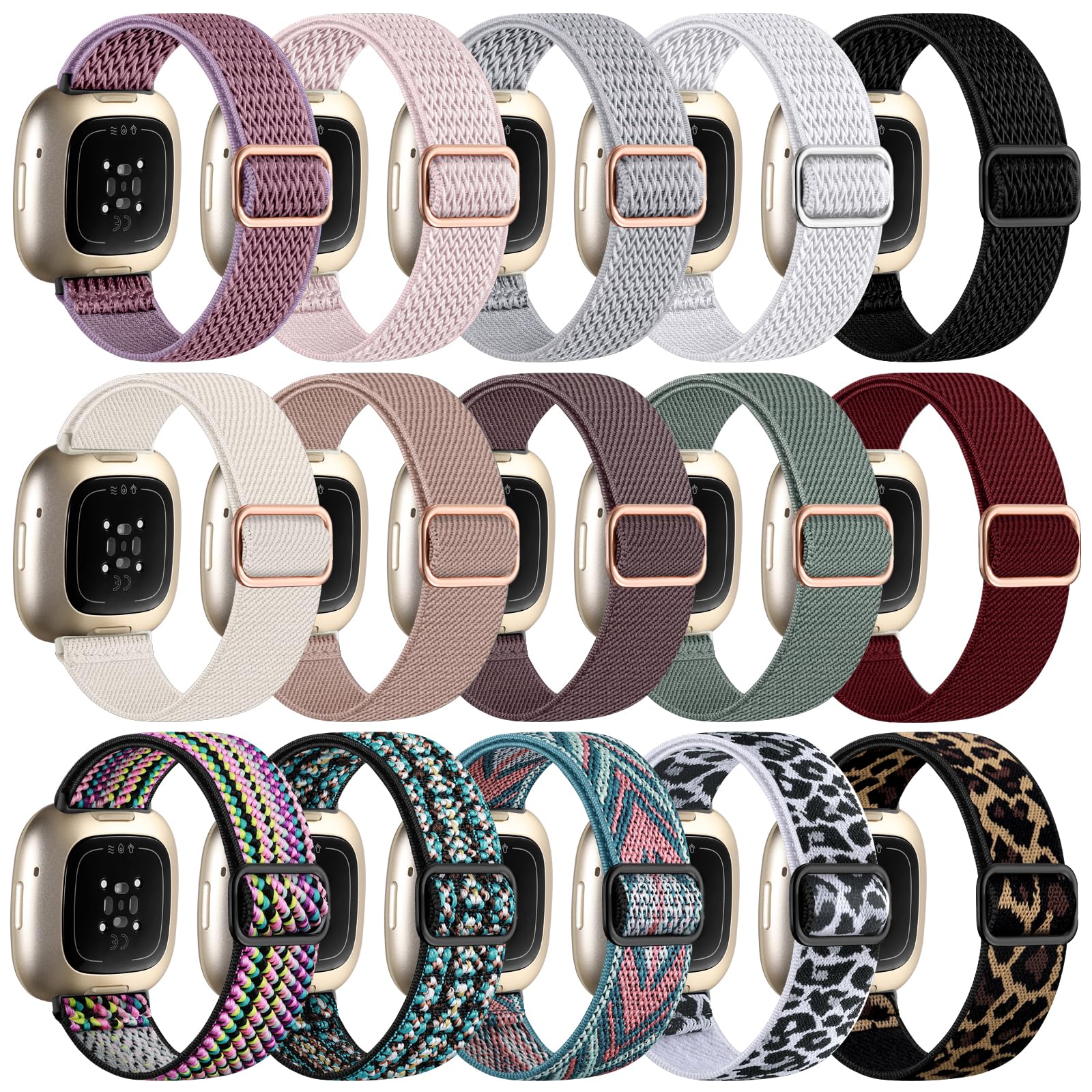Odbeai Stretchy Bands Compatible with Fitbit Versa 4/Sense 2/Sense/Versa 3 | Water-Resistant Elastic Soft Nylon Sport Strap Compatible with Fitbit Versa 4 Bands Woman/Sense 2 Bands/Sense/Versa 3,15 Pack
