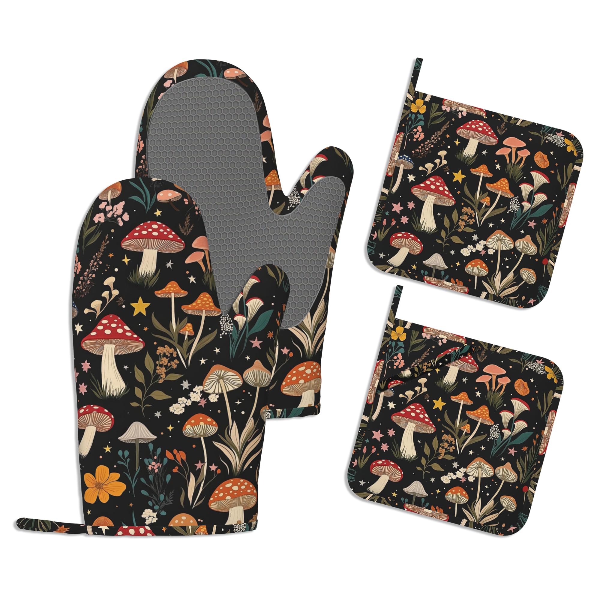 Juego de manoplas de cocina, juego de guantes de horno y soportes para ollas, de algodón grueso, resistente al calor, rústico, floral, soporte para sartén caliente, guantes de cocina extralargos para