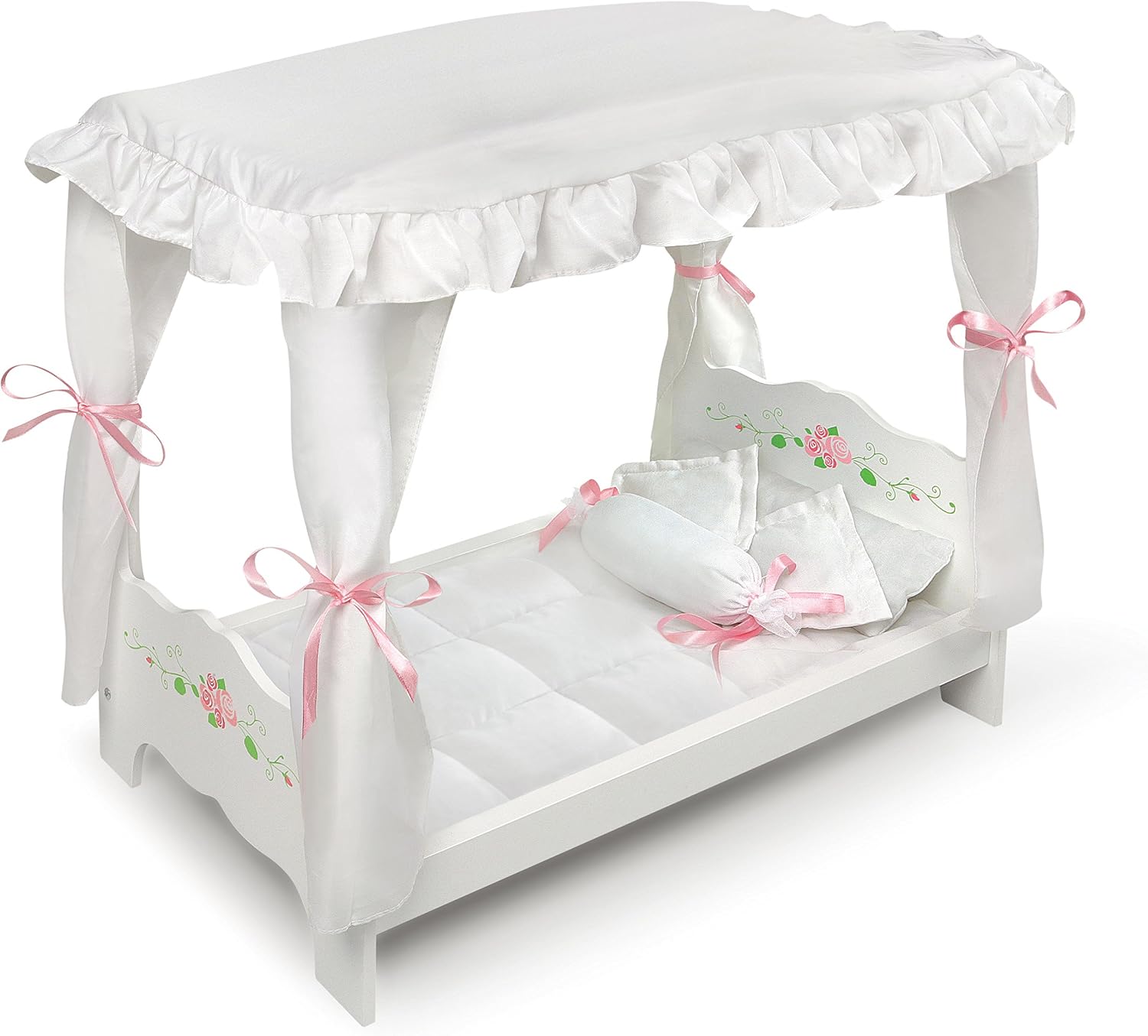 Badger Basket Toy Doll Bed with Canopy and Bedding for 20 inch Dolls - White Rose