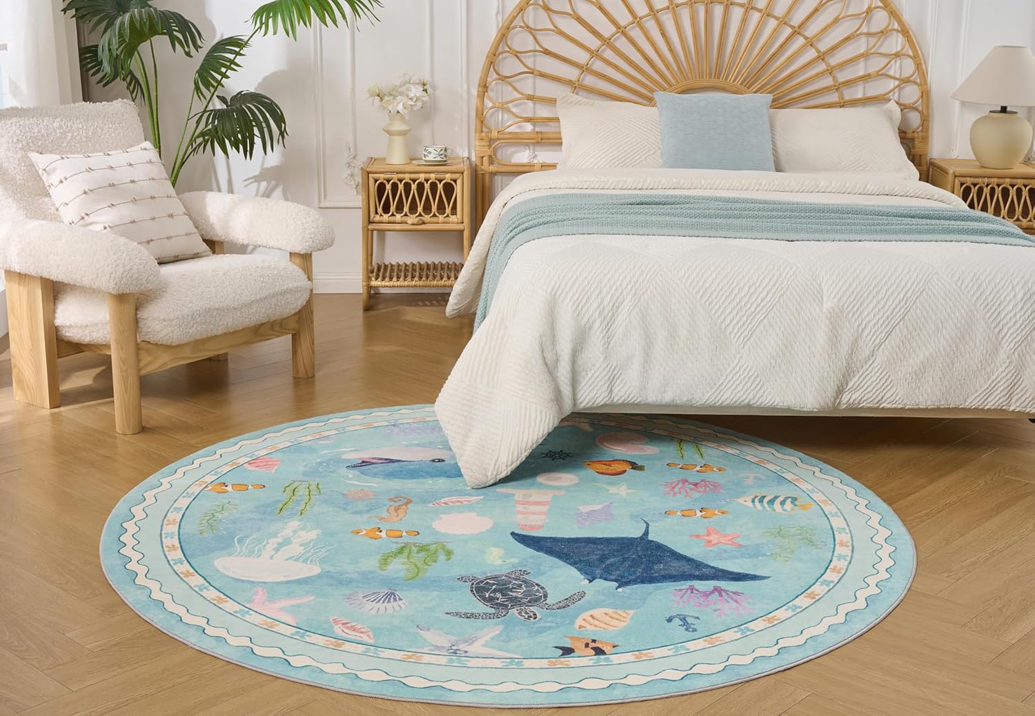 Tropical Ocean Soft Washable Faux Wool Stain Resistant Rug Rubber Non-Slip Backing for Playroom Bathroom Living Room Bedroom Bedside Beachy Cute Coastal Nautical Nursery Rug (Sky Blue, 6' Round)