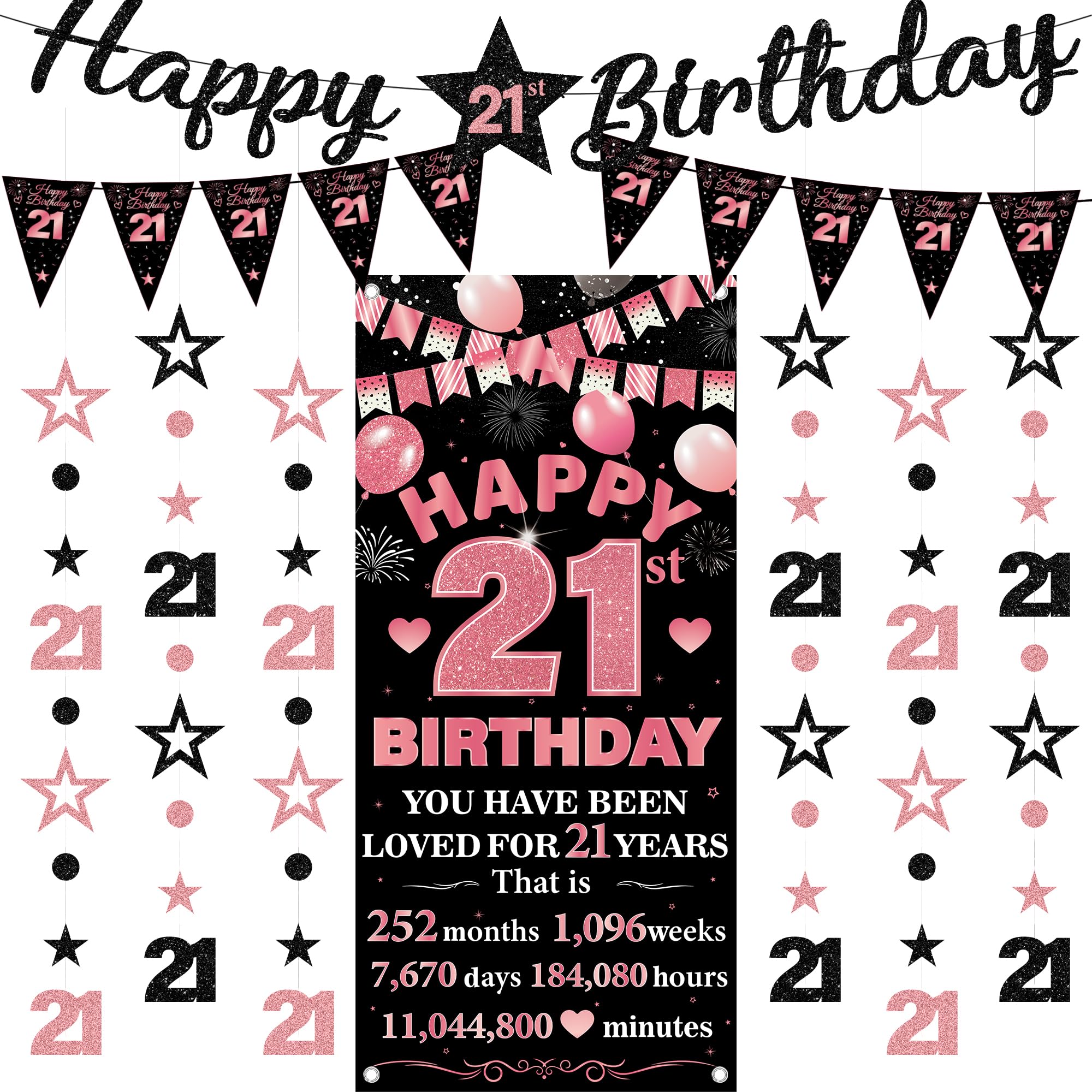 21st Birthday Decorations Banner Women - 9 Pcs Black Rose Gold Bannes Backdrop Number Star Dot Glitter Hanging Garlands Kit for Girls Women Happy 21 Years Old Birthday Party Decor Supplies