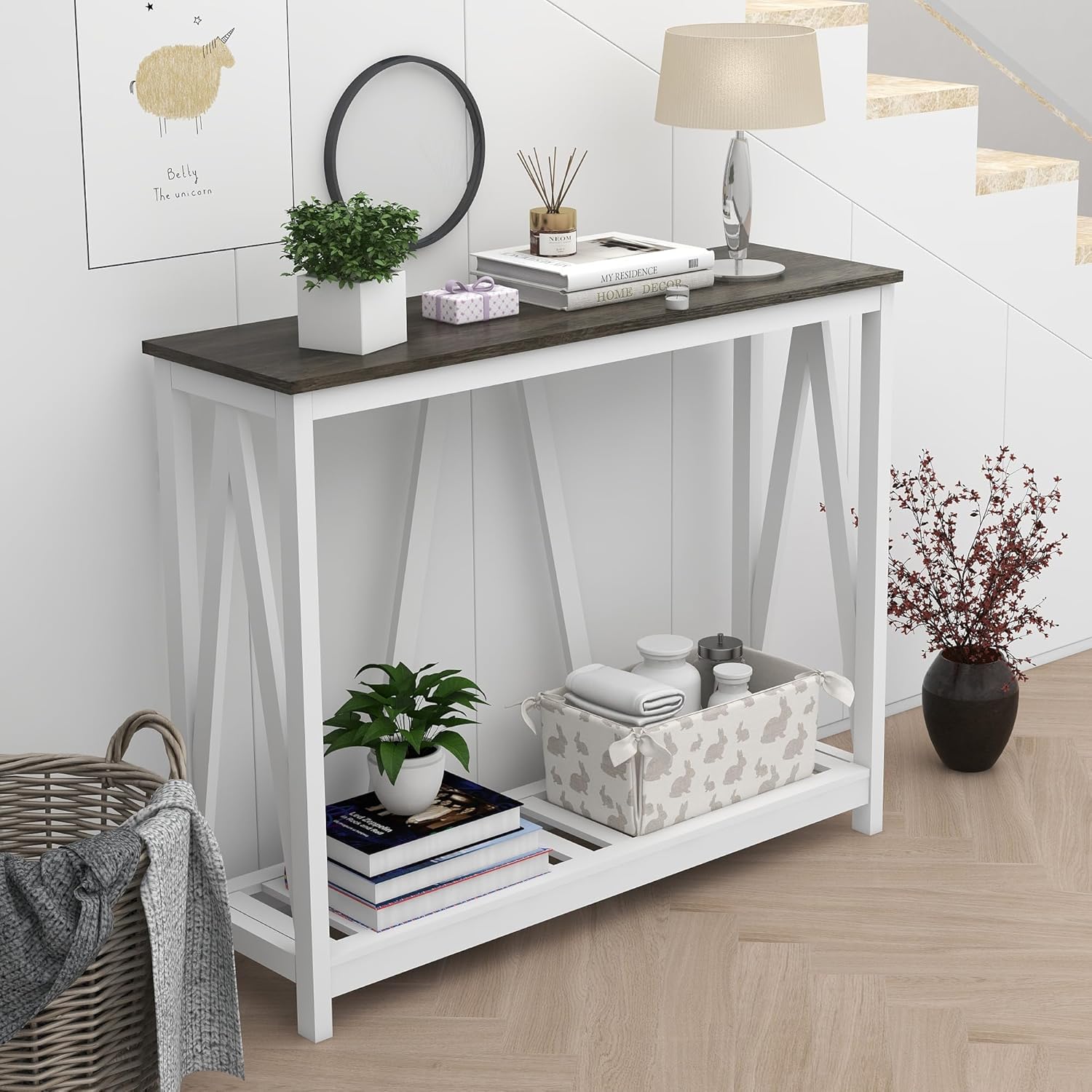 Farmhouse Coffee Table & Console Table Set of 2, 2-Tier Wooden Living Room Table Set with Slats Base, Dark Oak