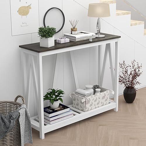 Miniatura 6 de Juego de 2 mesas de centro y consola de granja, juego de mesa de madera de 2 niveles con base de listones, roble oscuro