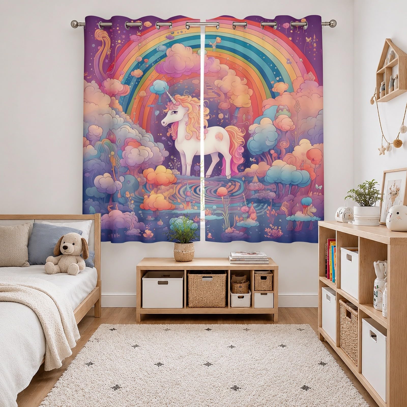 Schlafzimmer Wärmeisolierend Verdunklungsvorhänge Gardinen 2er Set H245 x B140 cm Zeichentrickfigur Einhorn Regenbogen Wolke Vorhänge Blickdicht mit Ösen bunt für Wohnzimmer Wohndeko Vorhang