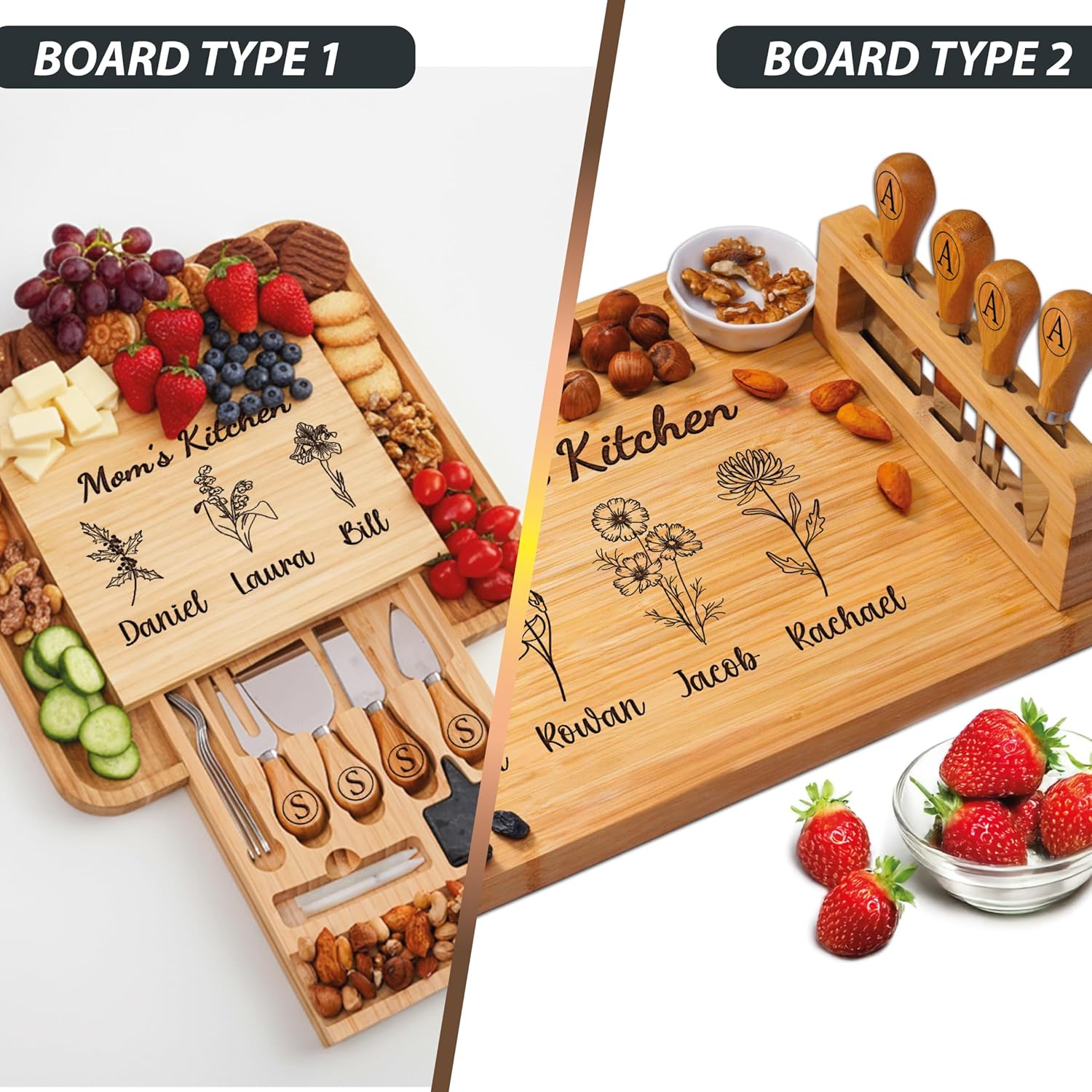 Personalized Charcuterie Cutting Board with Birth Flower Design, Grandma’s Garden Gift for Mom or Grandma, Custom Cheese Board Christmas Birthday Mothers Day Gift from Grandkids Son Daughter - Image 3