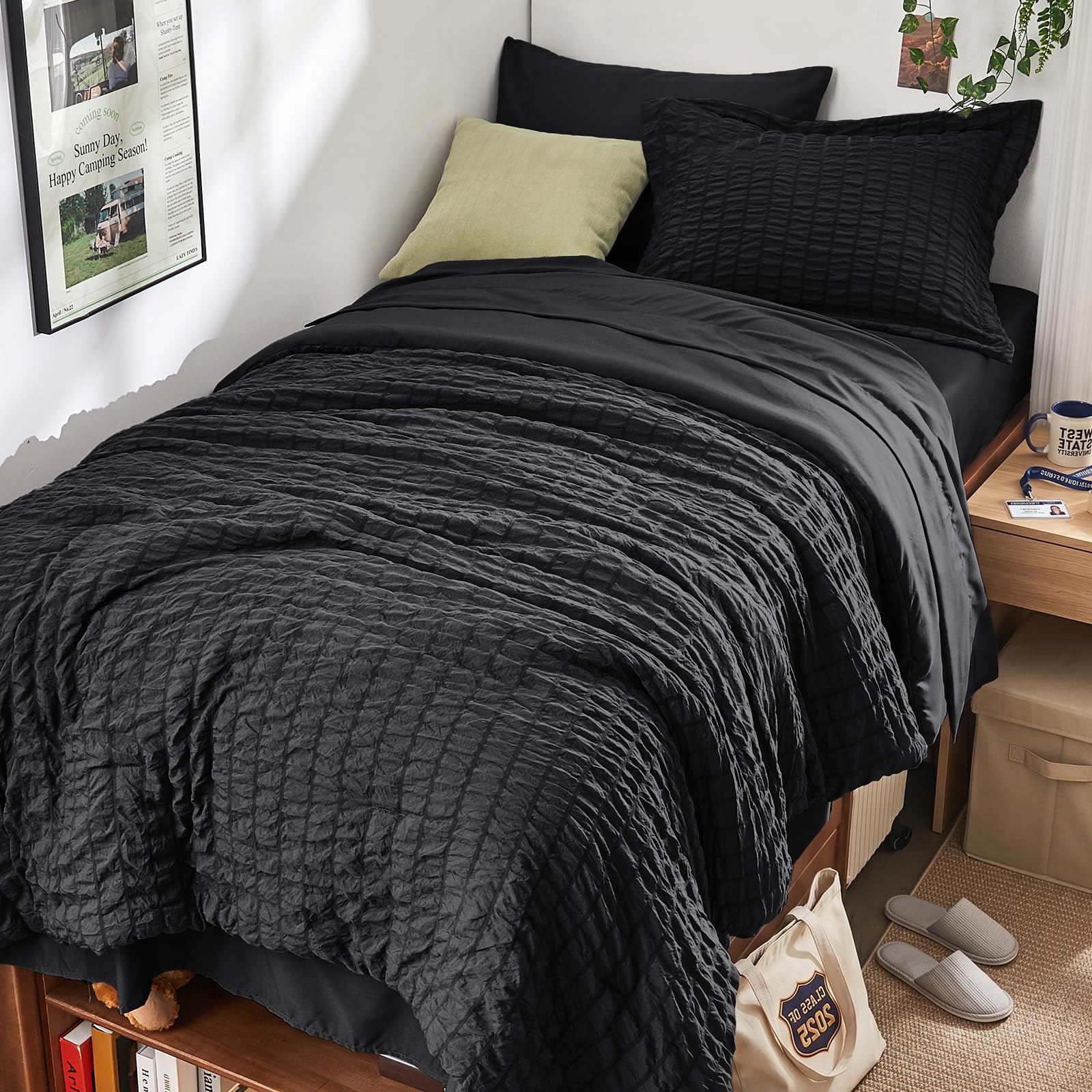 HYMOKEGE Black Twin XL Comforter Set Seersucker 5 Pieces, All Season Luxury Bed in a Bag for Bedroom, Bedding Set with Comforters, Sheets, Pillowcase & Sham