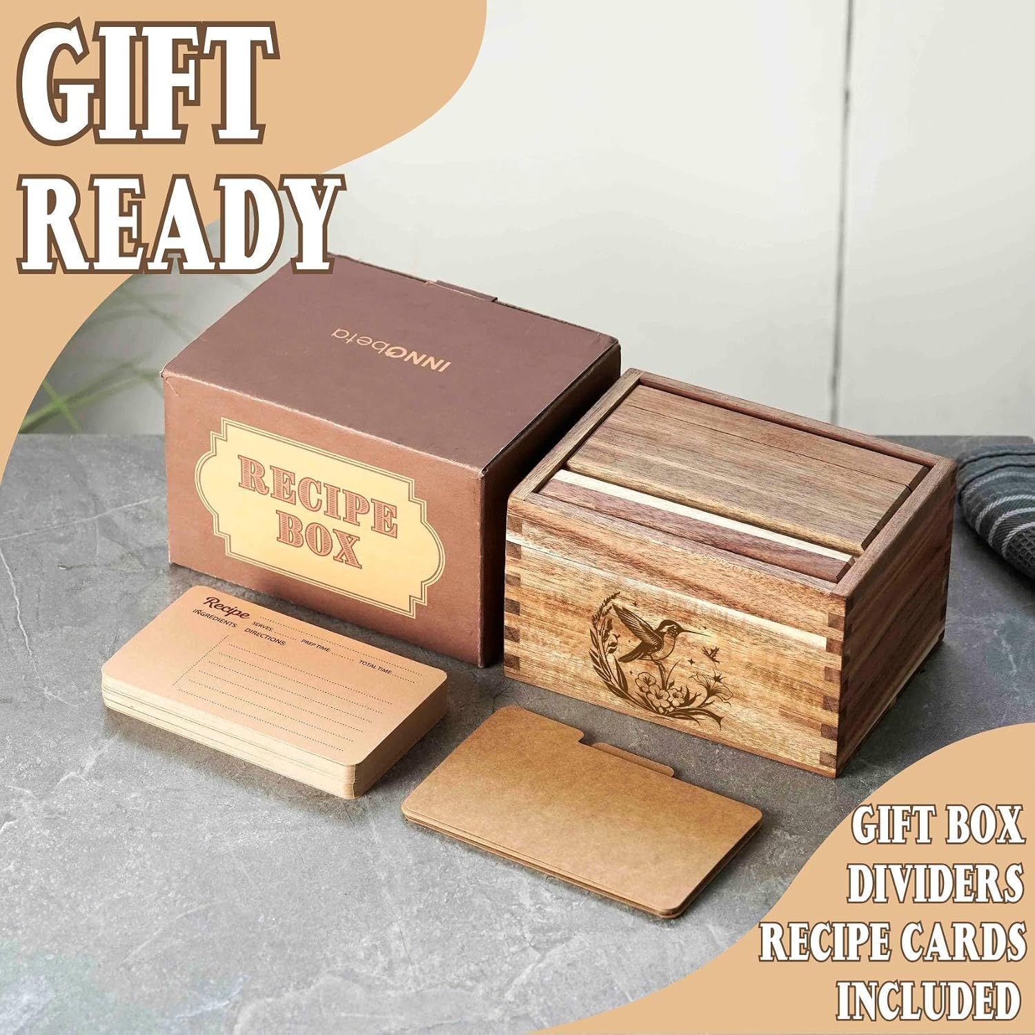 InnoBeta Hummingbird Gifts Recipe Box for Hummingbird Lovers, Recipe Card Holder Box with 50 Recipe Cards, 10 Dividers, Recipe Organizer for Christmas, Birthday, Mother's Day