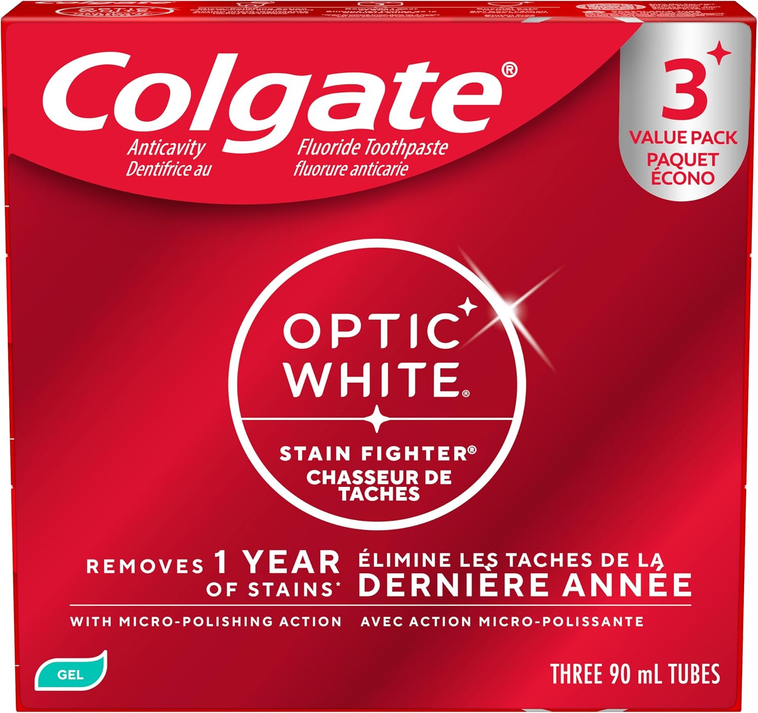 Colgate Optic White Stain Fighter Teeth Whitening Toothpaste, Fresh Mint Gel - 90 ml, 3 Pack