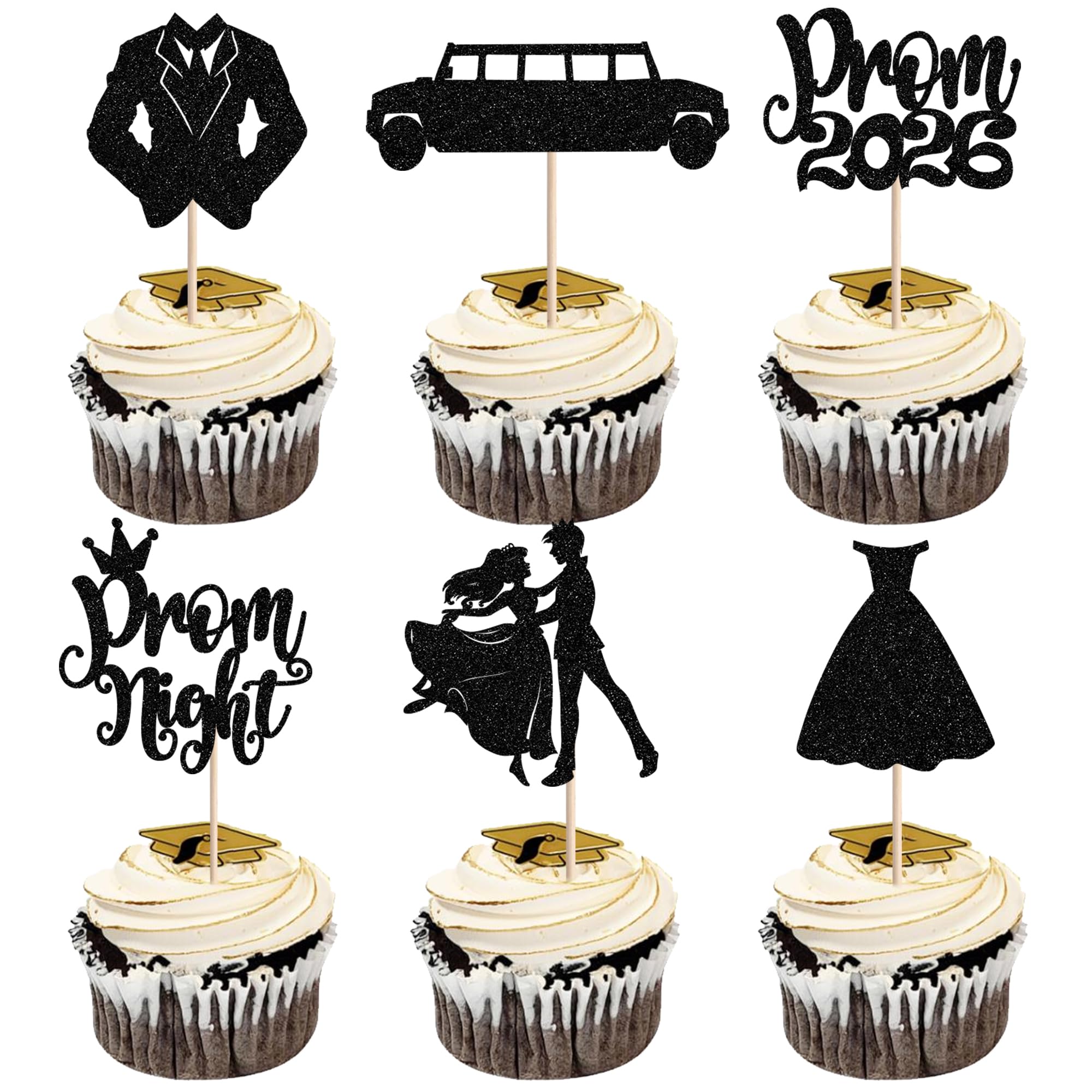 24 PCS Prom Cupcake Toppers Prom Decorations for Party 2026 Prom Night Cupcake Picks Class of 2026 Graduation Cake Decorations 2026 College Graduation