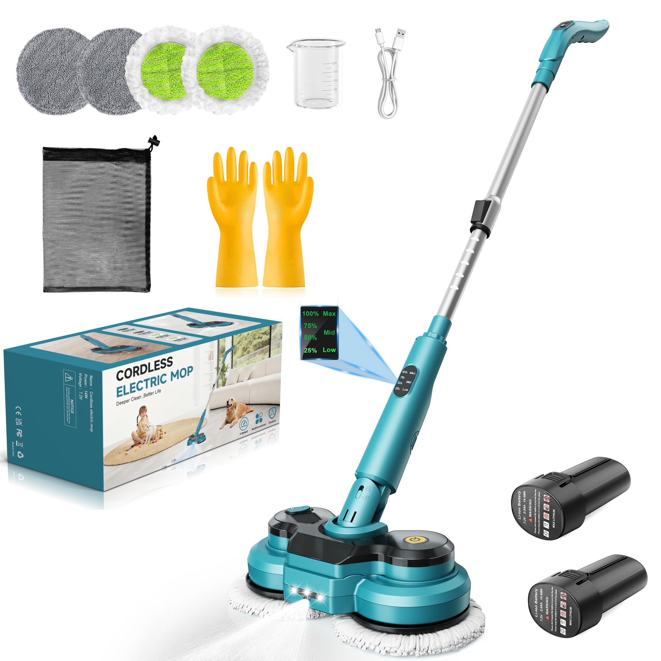 Balai Électrique Sans Fil avec 2 Batteries de 2000 mAh, Balai à Double Rotation avec Pulvérisateur/Phare LED/ Écran Intelligent,Serpillere Electrique avec Réservoir d'eau de 300 ML Pour Sols Multiples