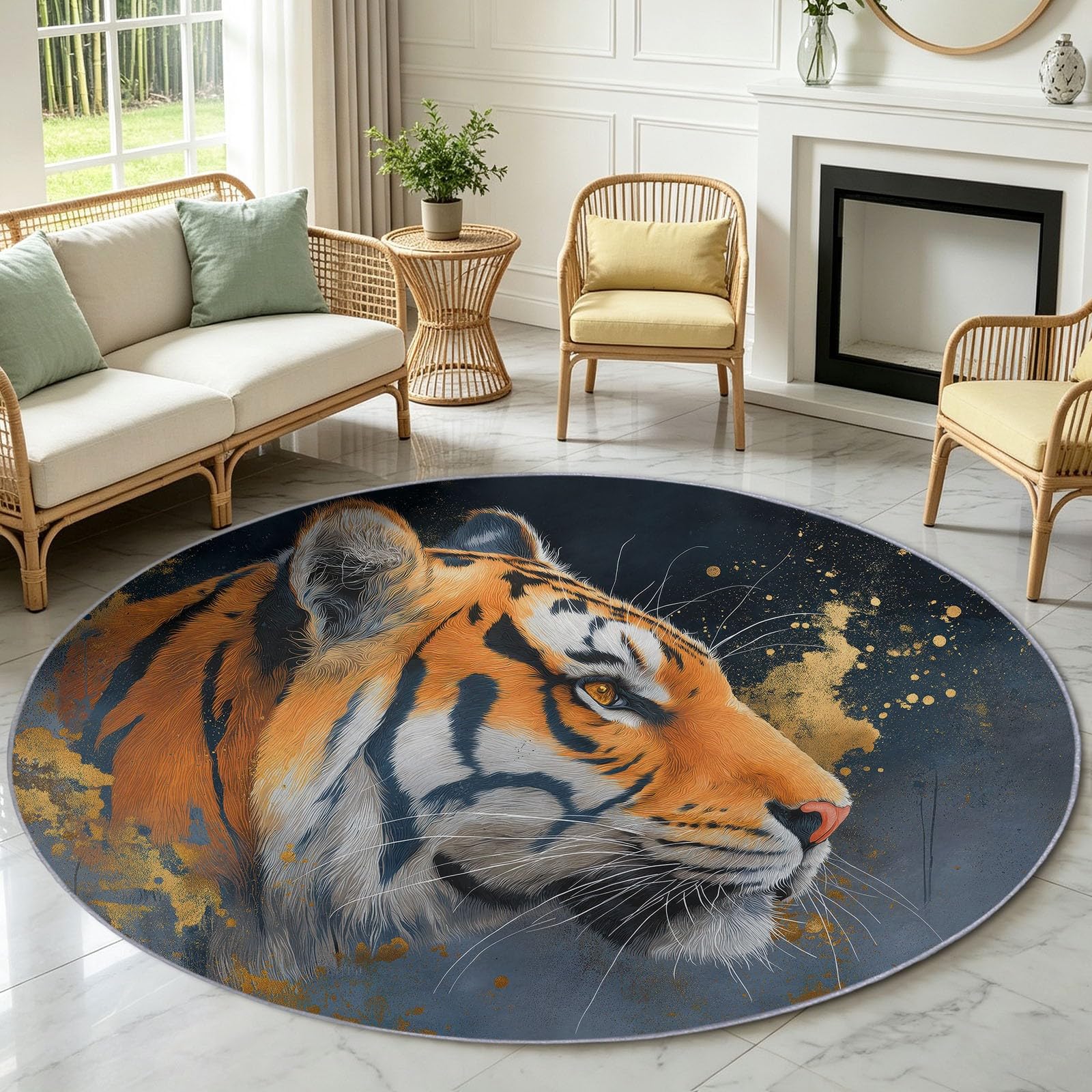 Tappeto rotondo per soggiorno, camera da letto, 90 cm, motivo animali, con retro in gomma antiscivolo, lavabile in lavatrice, per sala da pranzo, bagno, morbido e morbido, per interni, motivo: tigre