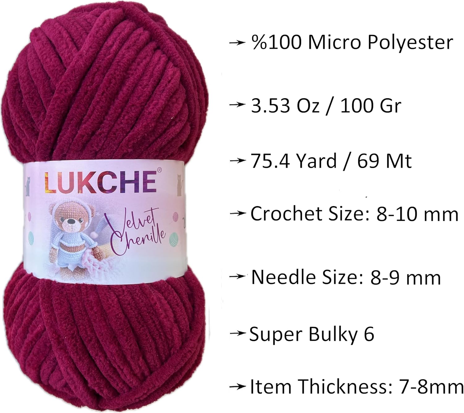 Soft Velvet Chenille Yarn for Crocheting - Super Bulky 100g (75.4 yds) Baby Blanket for Knitting, Amigurumi, Fancy Crochet Weaving Craft (Cherry, 3 Skein)