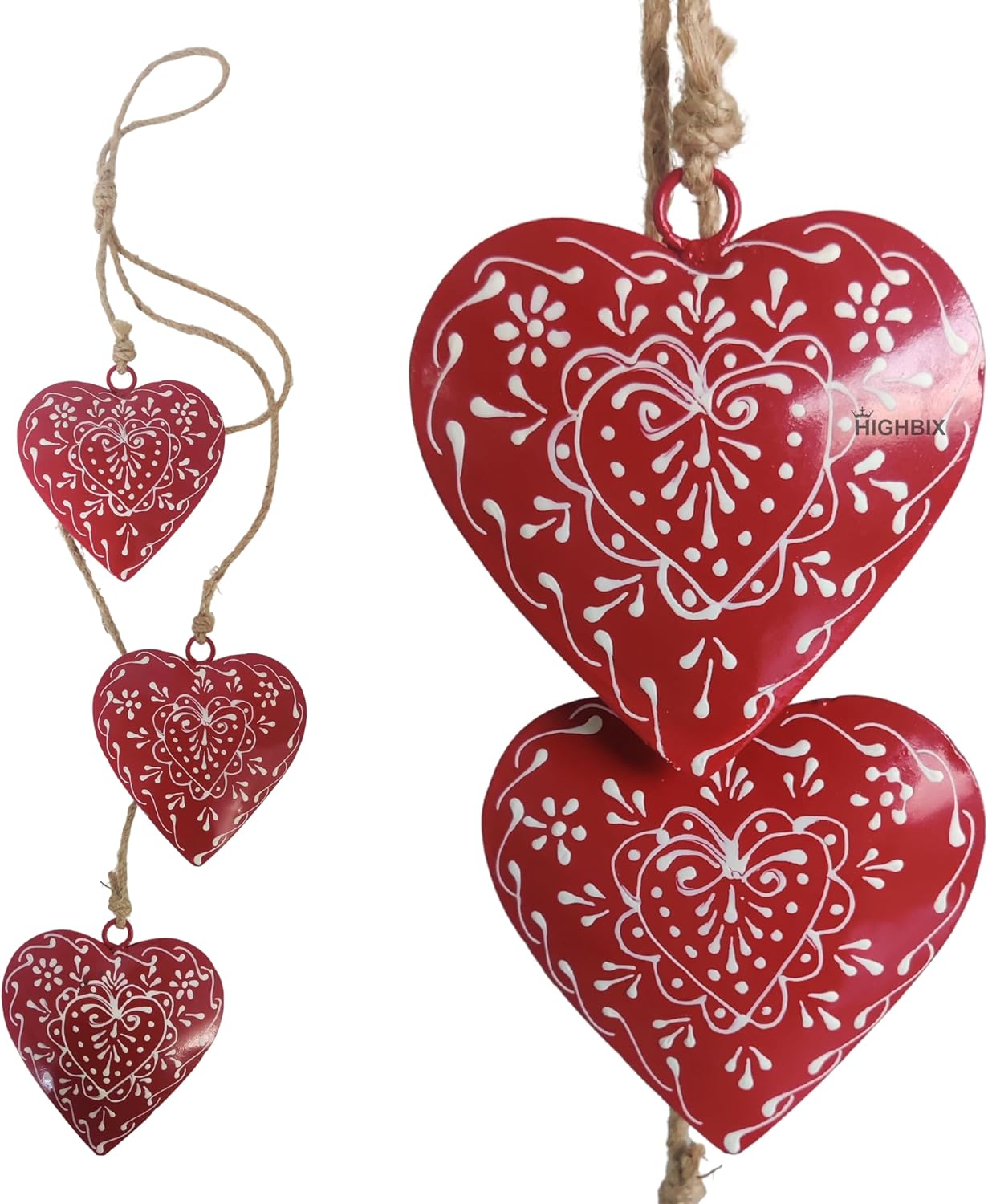 Handmade Christmas Heart Cowbell Hanging Ornament Red Metal Rustic Farmhouse Holiday Decor with Jute Rope Hand Painted Vintage Xmas Tree & Wall Hanging Decoration