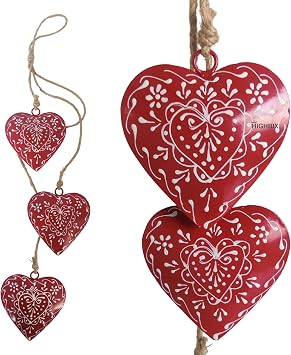 Handmade Christmas Heart Cowbell Hanging Ornament Red Metal Rustic Farmhouse Holiday Decor with Jute Rope Hand Painted Vintage Xmas Tree & Wall Hanging Decoration