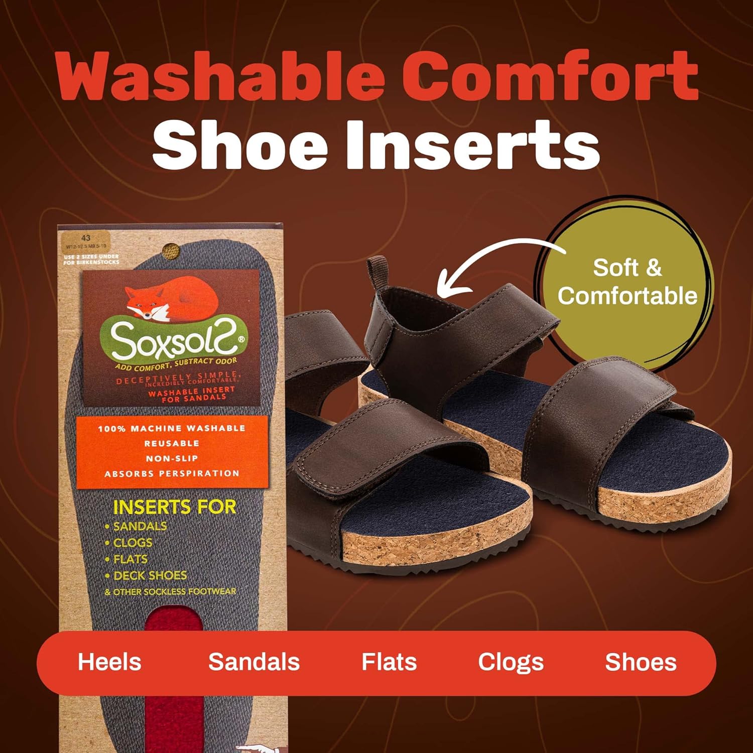 Soxsols Wool Flat Shoe Insert Sandals & Sockless Shoes, Comfortable Shoe Insoles with Sweat-Absorbent Natural Fiber & Non-Slip Silicone Grip, Narrow-Cut Shoe Inserts for Women, Red, Size 11, Euro 42 - Image 2