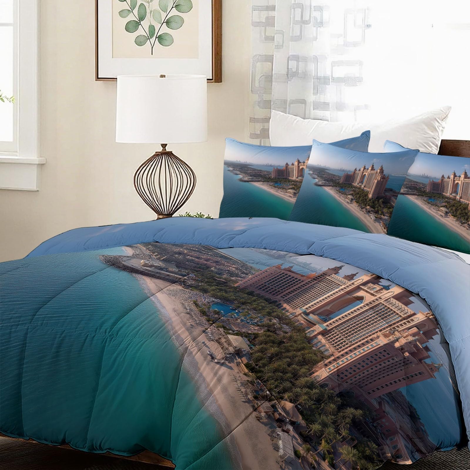Surreal City Beach King Blue zestaw pościeli z 2 poszewkami na poduszki (50 x 75 cm) i 10,5 Tog, całoroczna kołdra z mikrofibry i hipoalergiczna, antyalergiczna pościel, 230 x 220 cm, łatwa