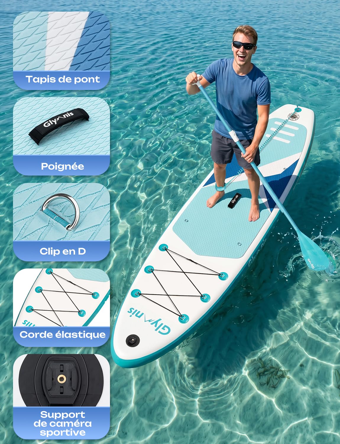 Glymnis Sup Board Stand Up Paddling Board Gonflable Stand Up Paddle Board Set 10'6 "320x80x15cm 6 Pouces d'épaisseur avec Pompe à air à pagaie en Aluminium et Accessoires complets