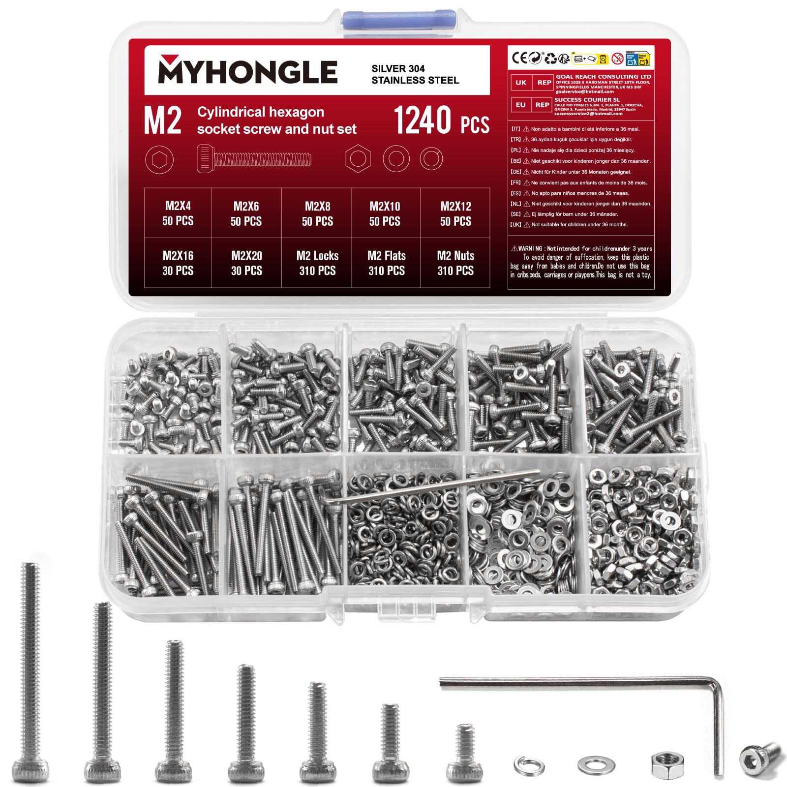 1240 Pcs M2 Bolts and Nuts Set, Assorted Nuts and Bolts Assortment, Stainless Steel Screws, Hex Socket Head Cap Screws with Washers Set, Machine Screw Assortment Kit