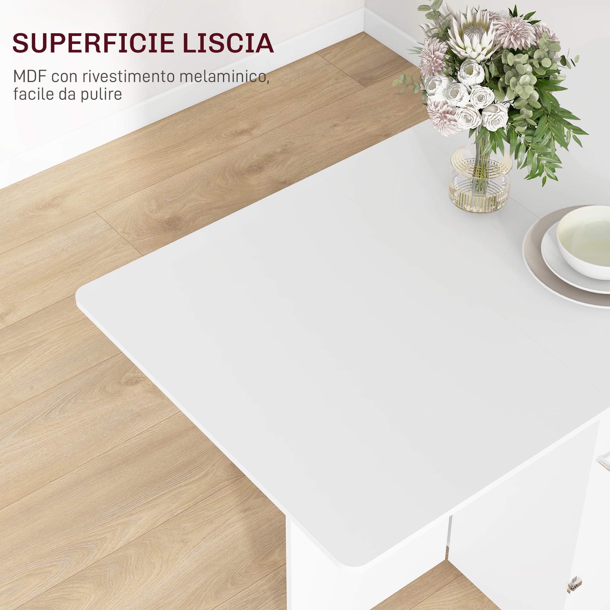 HOMCOM Tavolo a Ribalta con Ripiani a 3 Livelli, Box Portaoggetti e Rotelle, Tavolo Pieghevole in MDF, 130x80x76.5 cm, Bianco