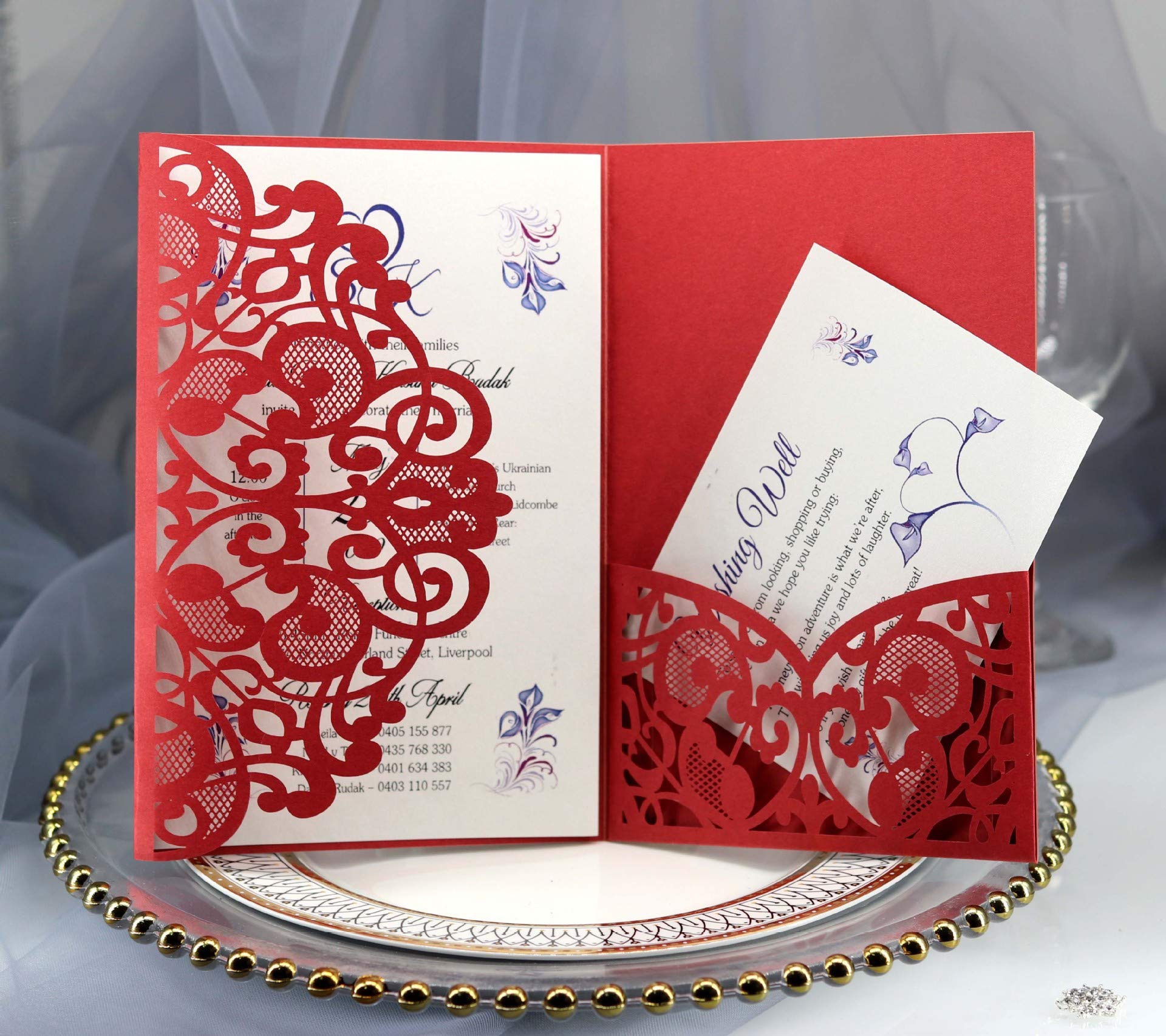 BLUGUL 10pcs Tarjeta de invitación de Boda, Invitaciones de Boda, Hollow Floral Design, con 2 Tarjetas en Blanco, Rojo