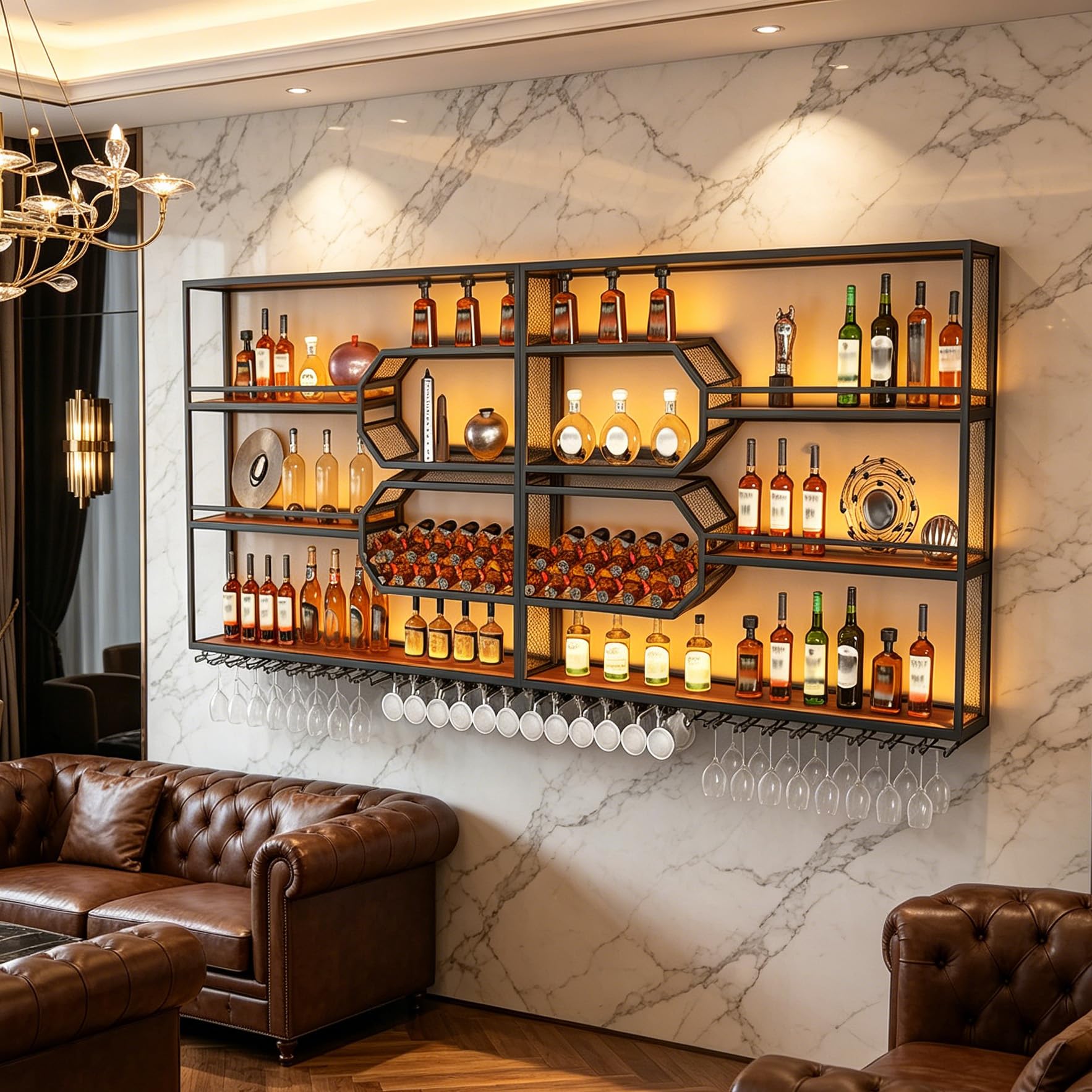 301cm Portabottiglie Da Parete con portabicchieri a LED, 4 ripiani Espositore Creativo Per Vino Da Parete, Metallo Porta Vino Portabottiglie da parete per bar, ristoranti e casa (301*125*25cm)