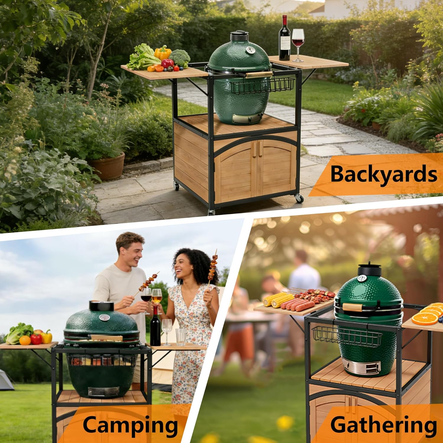 Heavy Duty Ceramic Egg Grill Cart, 51.8" Outdoor BBQ Station for Round Smokers, Foldable Side Tables, Weatherproof Cabinet, Locking Wheels, Fits Most 23-Inch Round Ceramic Cookers