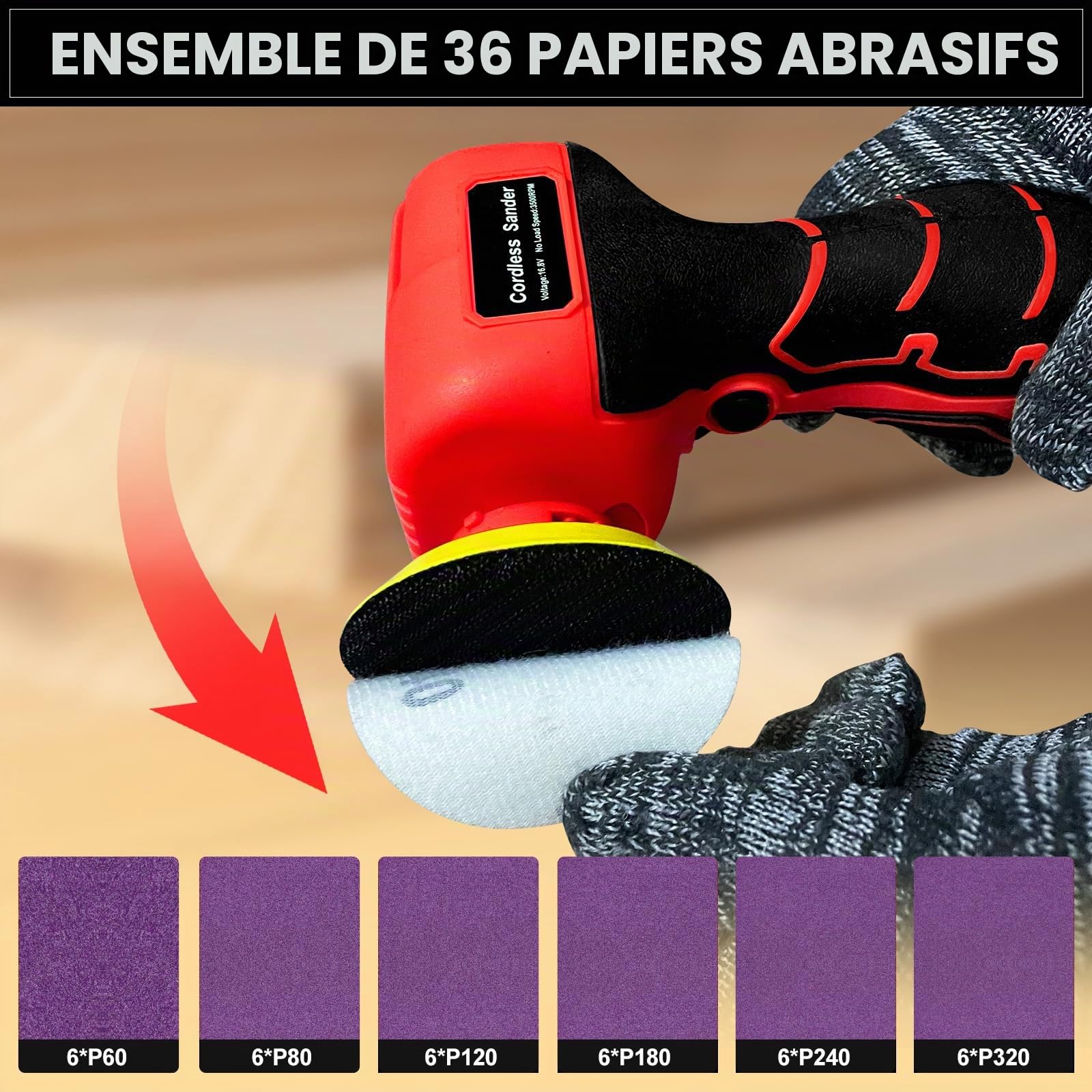Ponceuse électrique sans fil 16,8 V avec 36 papiers abrasifs, 3500 tr/min, 2 batteries de 3,0 Ah, design léger et compact pour bois, métal, décapage de peinture et projets de bricolage