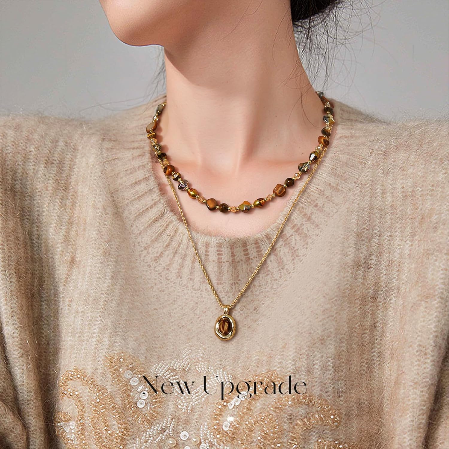 Bohemian Tiger's Eye Layered Necklace - Women's Healing Crystal Jewelry with 14K Gold-Tone Chain, Vintage Light Luxury Gift for Her - Image 3