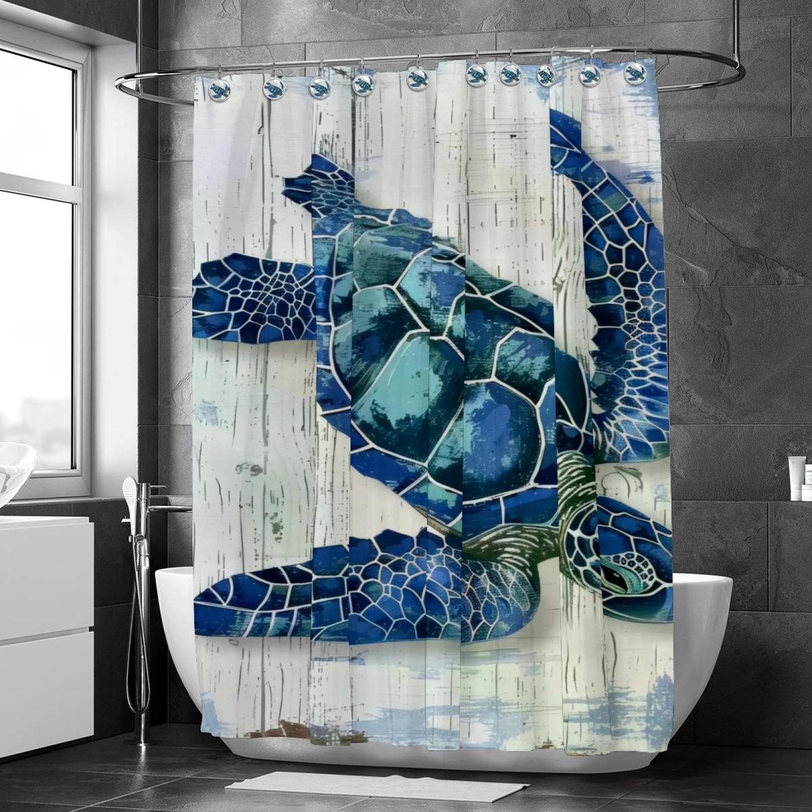 Yeele Duschvorhang-Set „Strand & Meeresschildkröte“ – Wasserdicht, 183x183 Cm, Mit 12 Haken, Blau